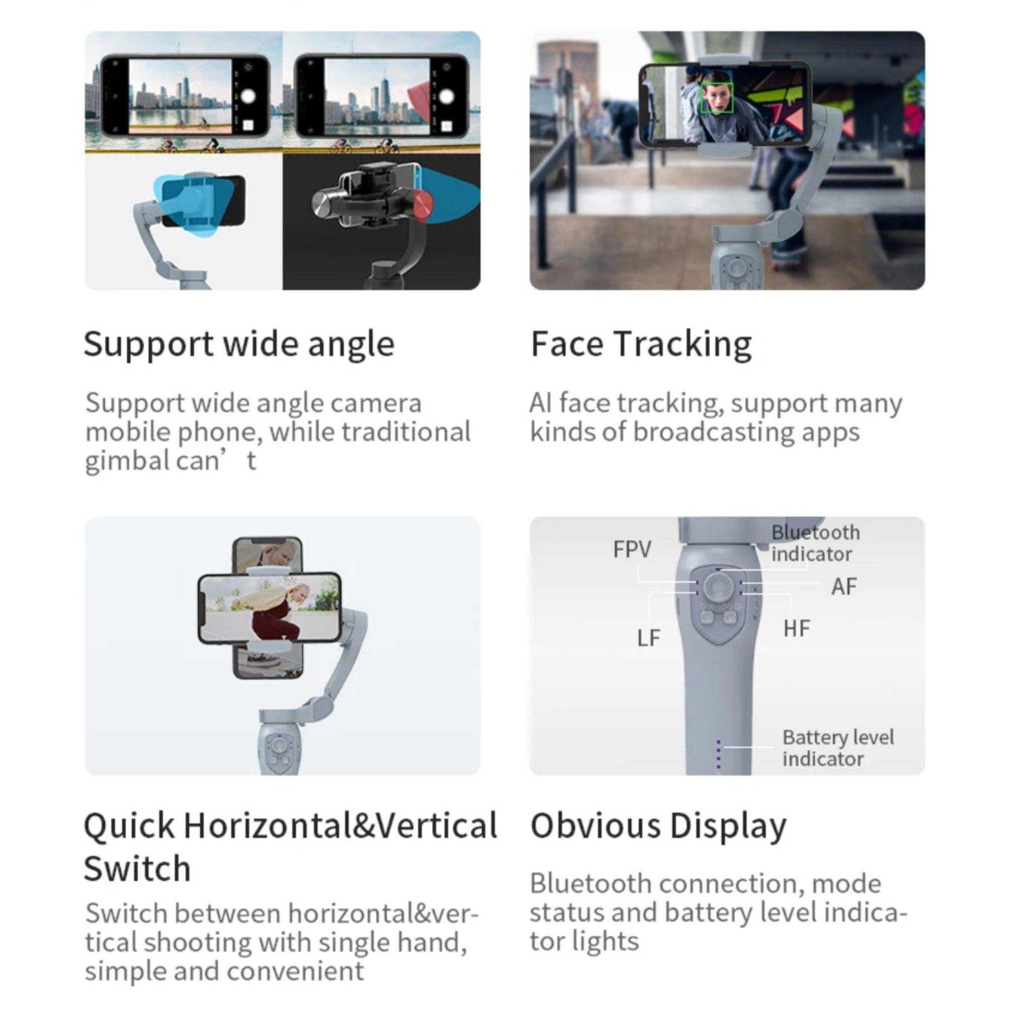 TUTT L7C Pro AI gimbal stabilizer with smartphone, face tracking, wide angle, and control display features. TUTT