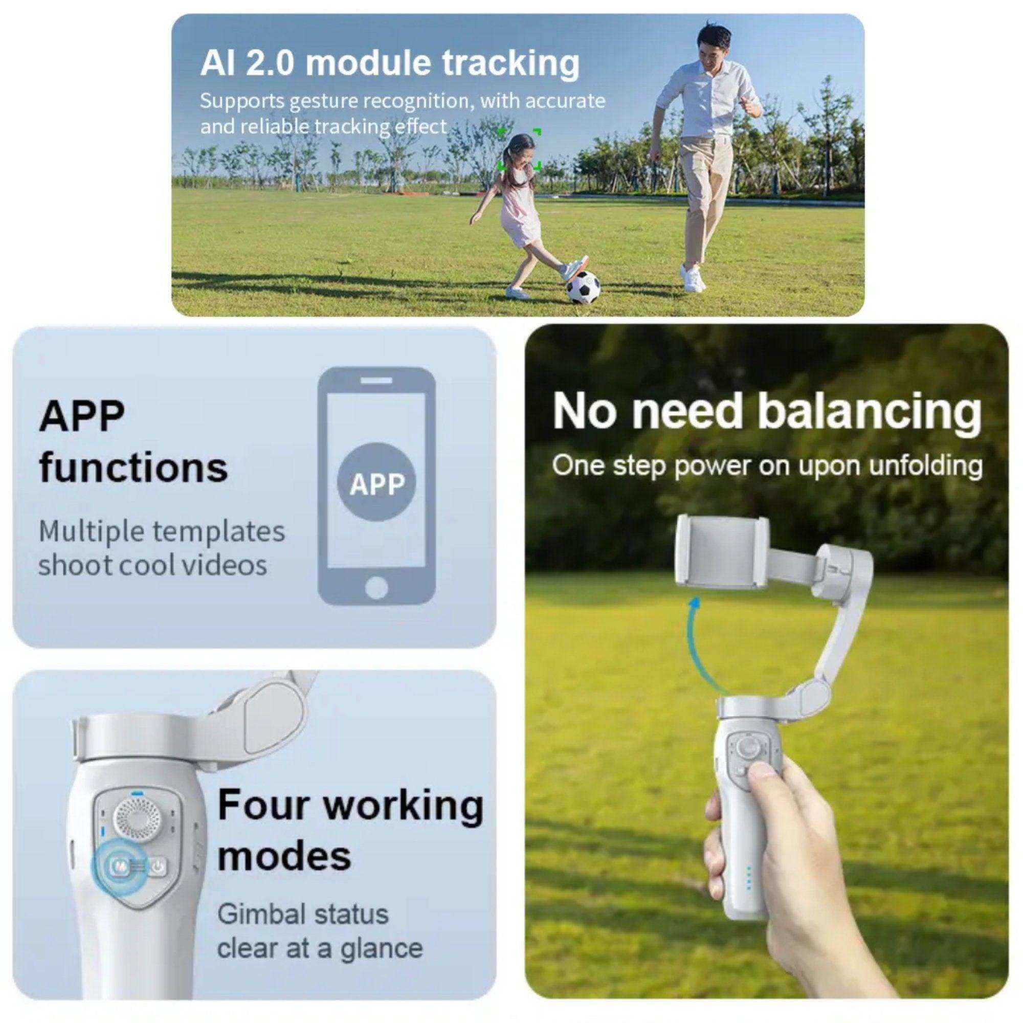 TUTT L7C Pro AI smartphone gimbal stabilizer shown outdoors with key features highlighted. TUTT