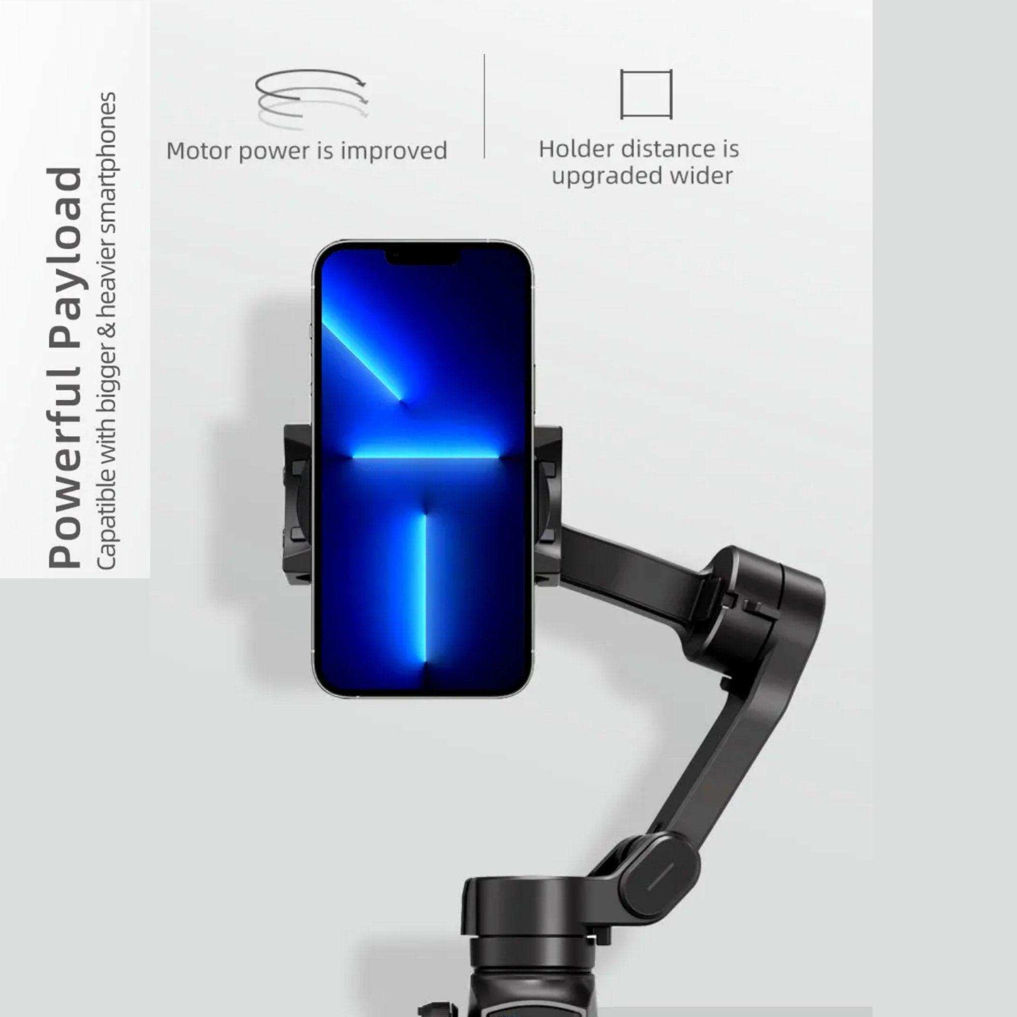 3-axis pro handheld smartphone gimbal stabilizer with phone mounted, black arm visible, TUTT