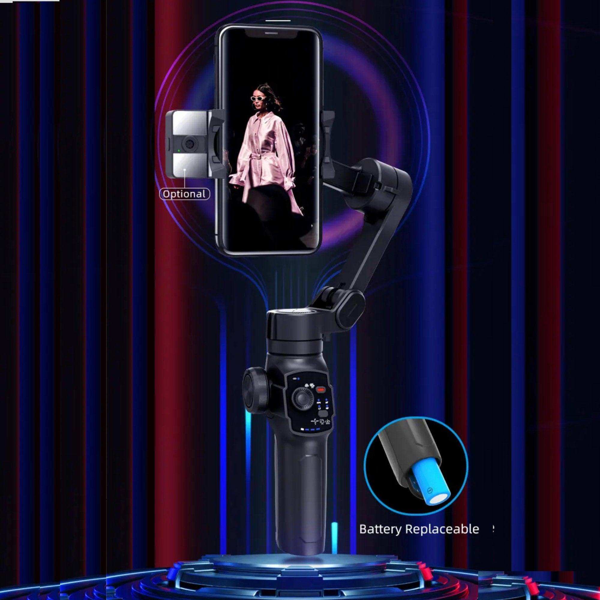 3-axis smartphone gimbal stabilizer with phone clamp, control buttons, and replaceable battery. TUTT