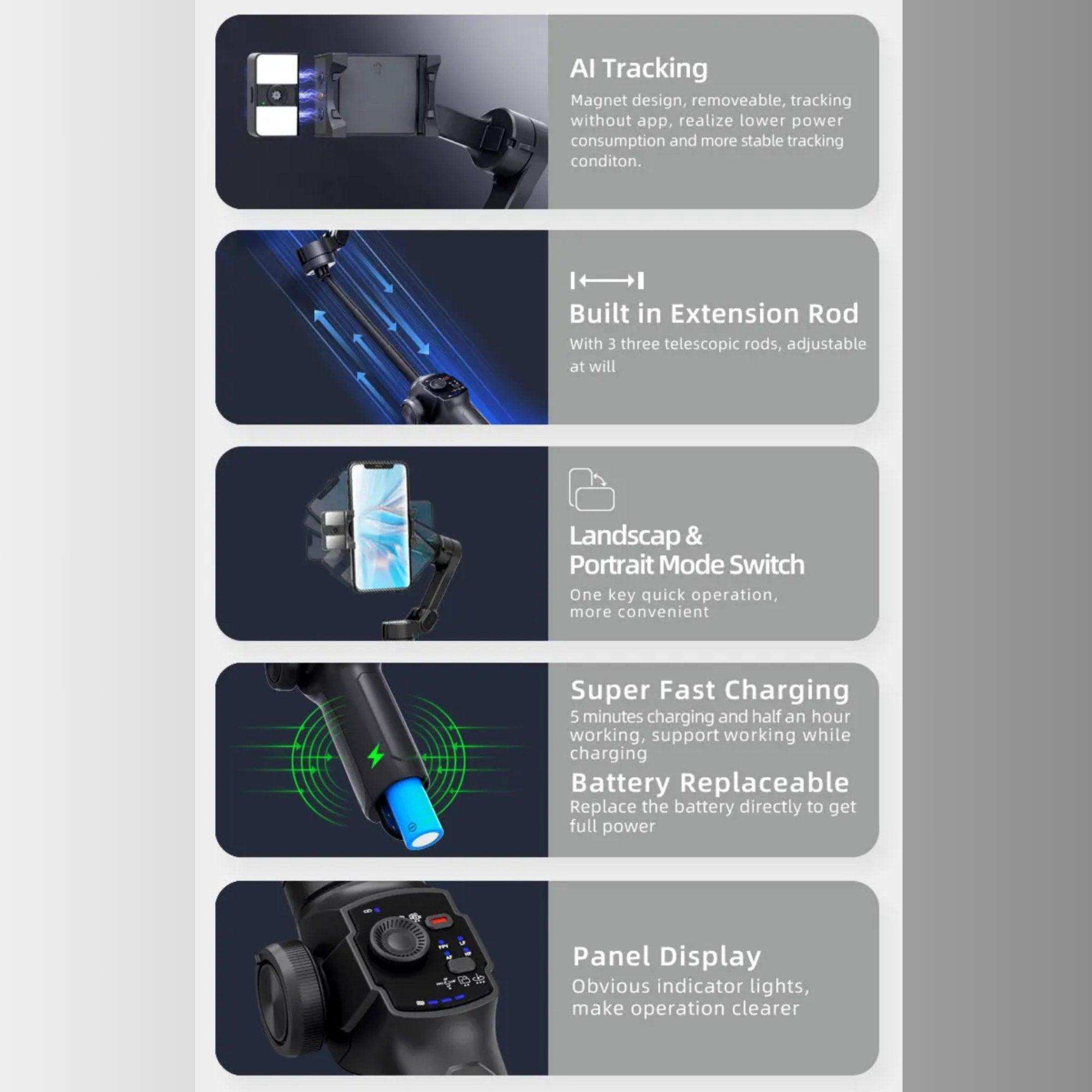 Features of a smartphone gimbal stabilizer, showing AI tracking, extension rod, fast charging, and panel display. TUTT