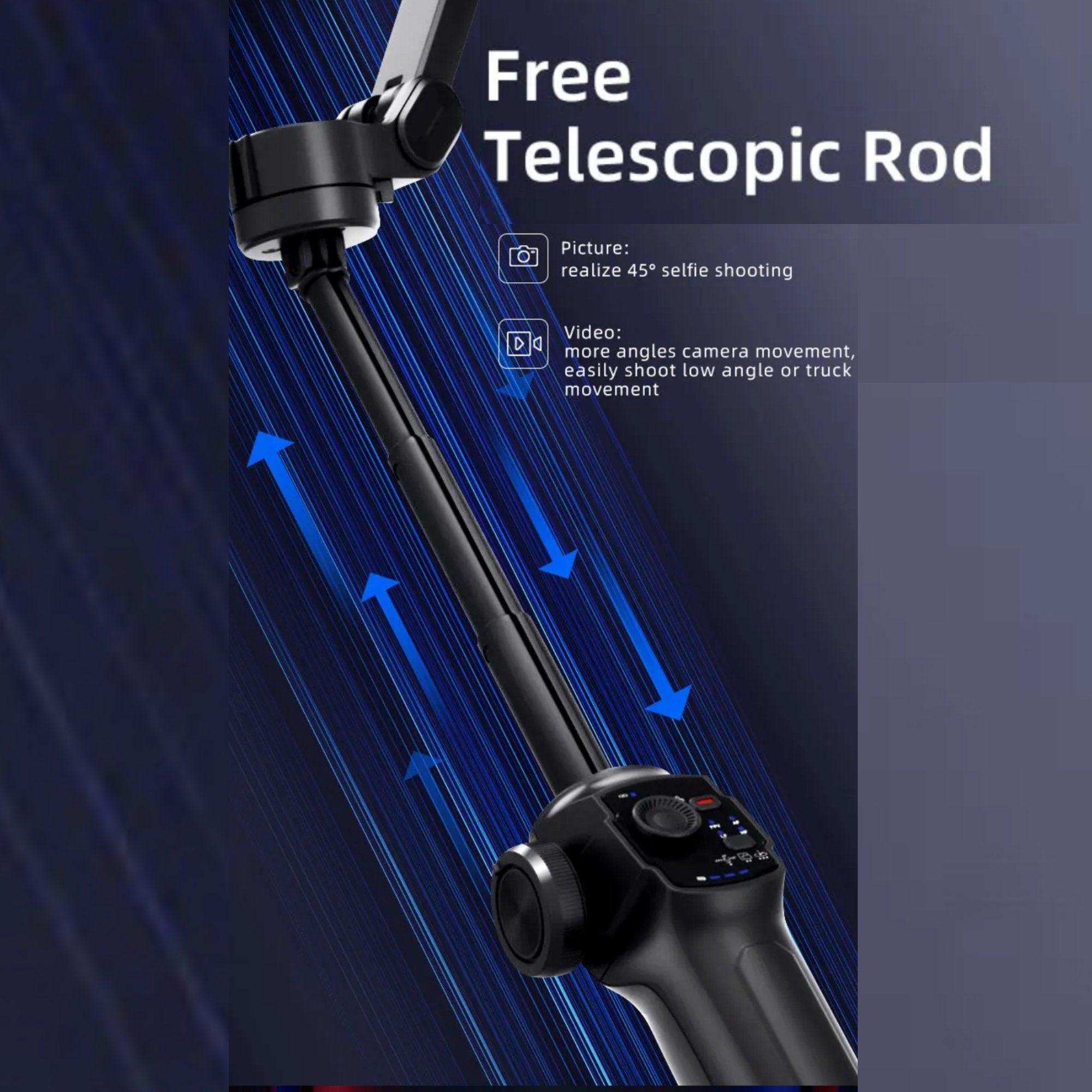 3-axis smartphone gimbal stabilizer with extendable telescopic rod on blue background TUTT