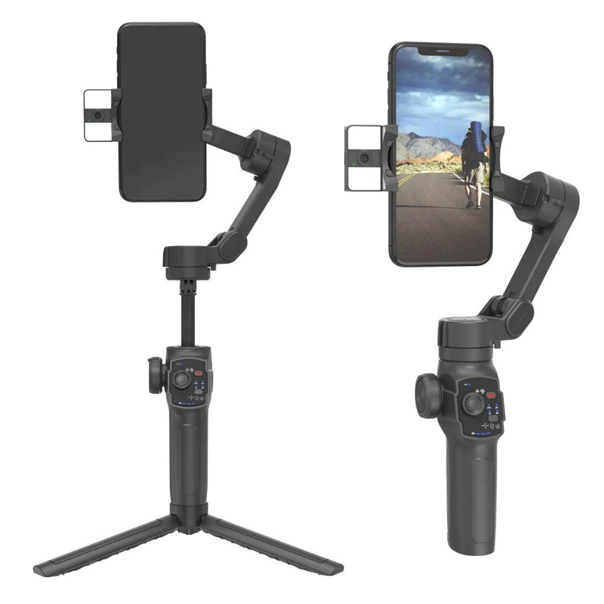 3-axis handheld smartphone gimbal stabilizer with tripod, phone mount, control buttons, and AI face tracking module. TUTT