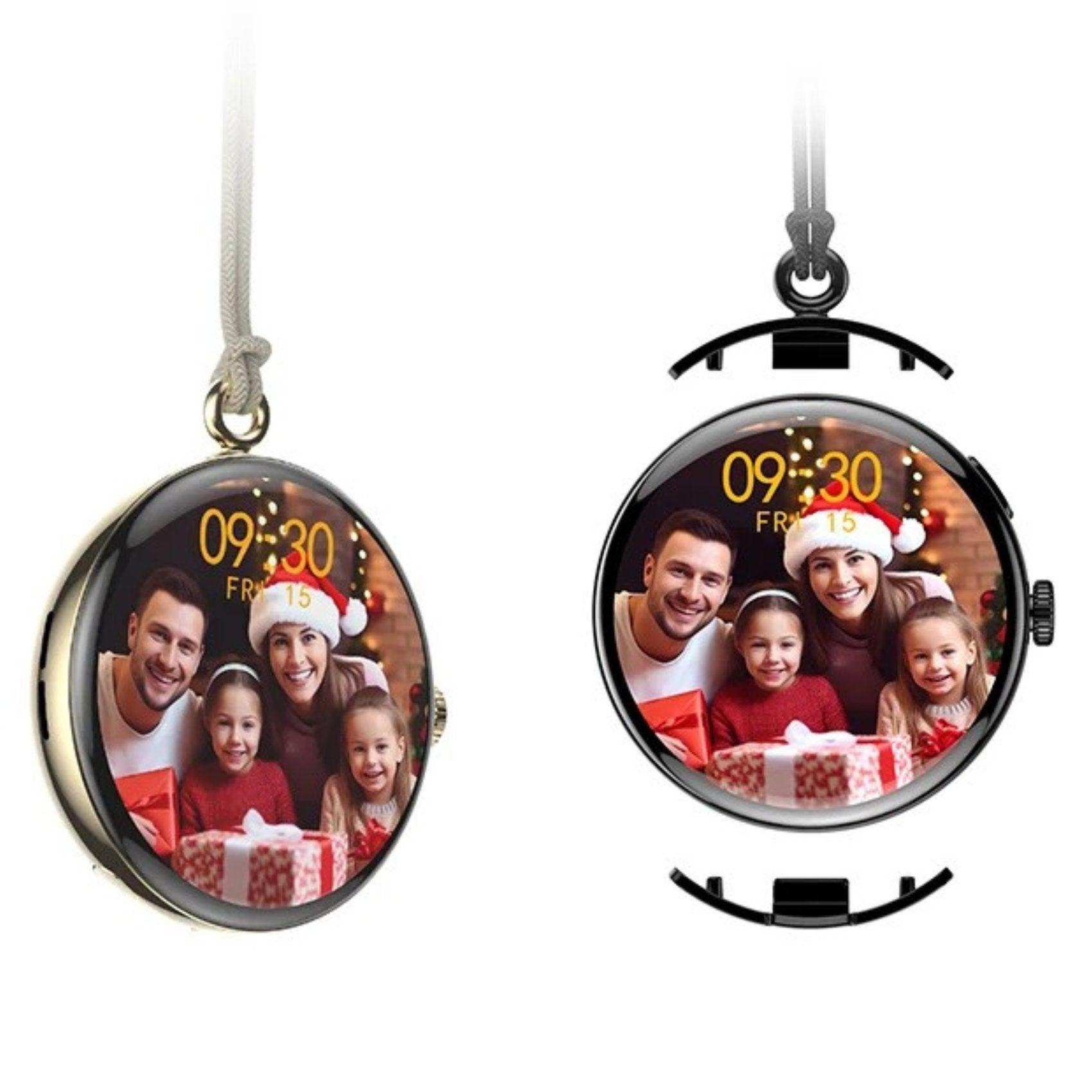 Black round AMOLED women's smartwatch with pocket design and quick detach straps, holiday-themed screen, TUTT