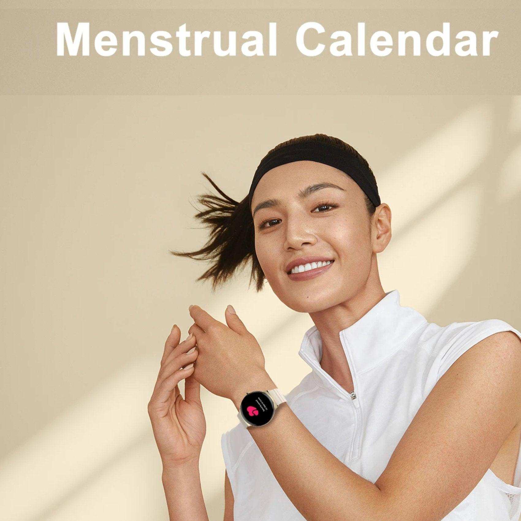 Woman wearing black TUTT LA9 AMOLED smart watch with menstrual calendar feature on screen TUTT