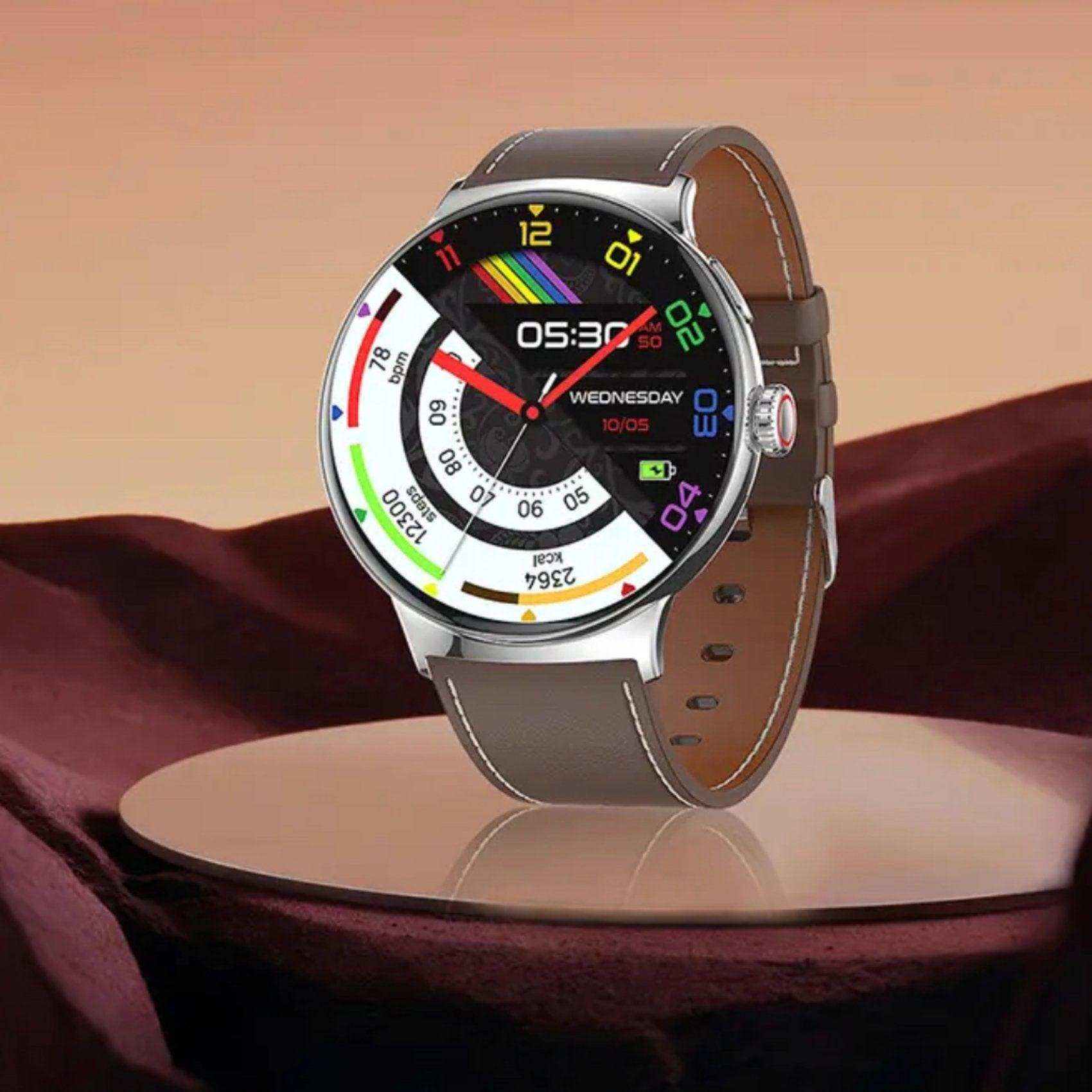 TUTT LA9 AMOLED women's smart watch with brown leather strap, colorful display on stand TUTT