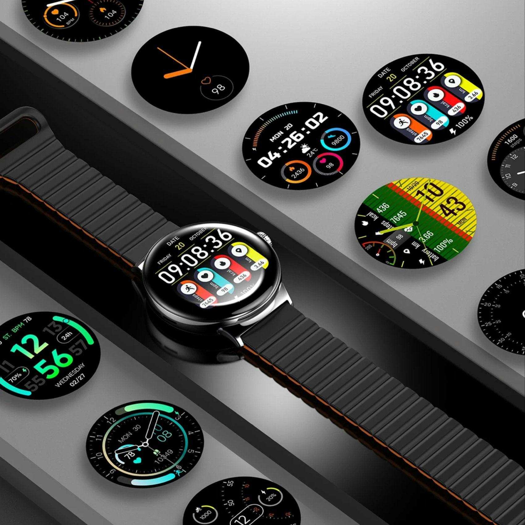 Black AMOLED women's pocket smart watch with various colorful display faces, fitness features TUTT