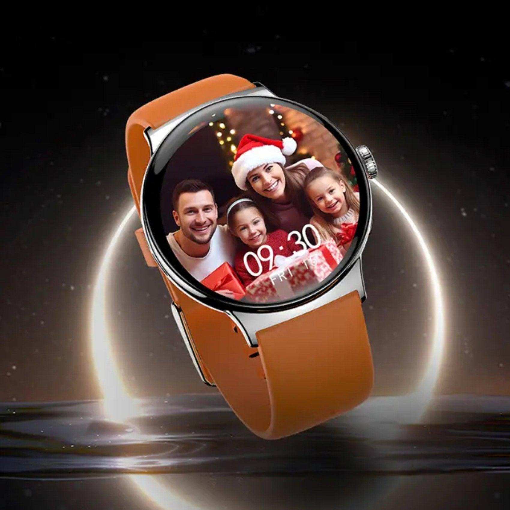 TUTT LA9 AMOLED women’s smartwatch with brown strap displaying Christmas-themed family photo TUTT
