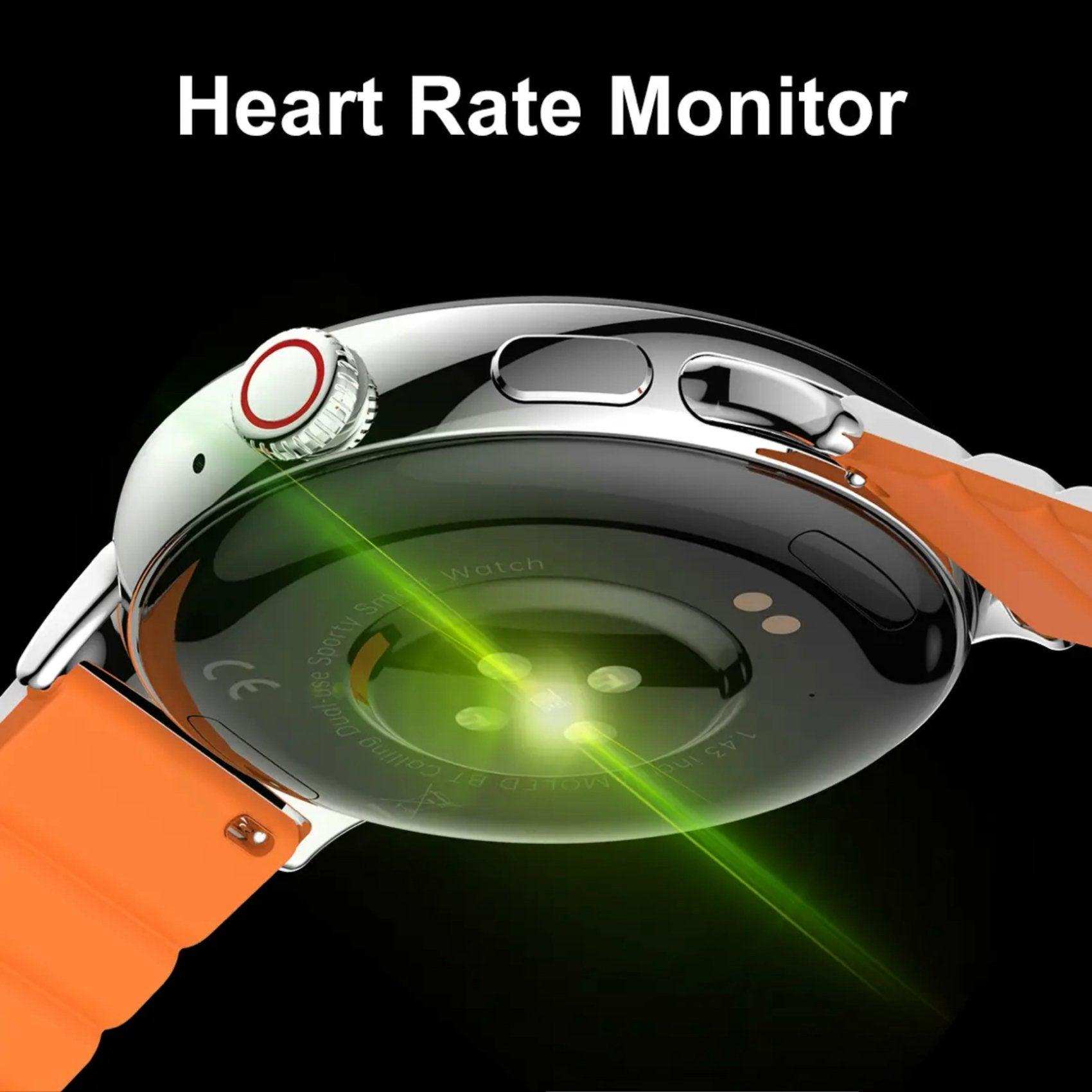 Close-up of TUTT LA9 AMOLED women pocket smartwatch with orange strap and heart rate monitor TUTT