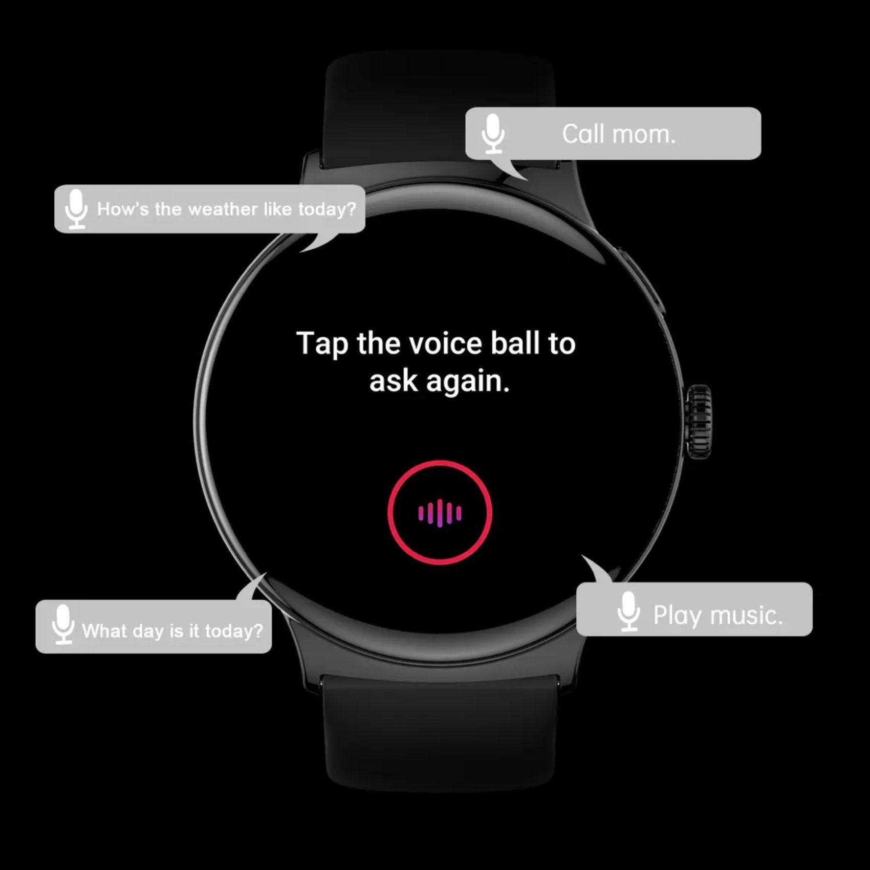 Black AMOLED women’s pocket smart watch with voice assistant on screen and quick detach straps, TUTT