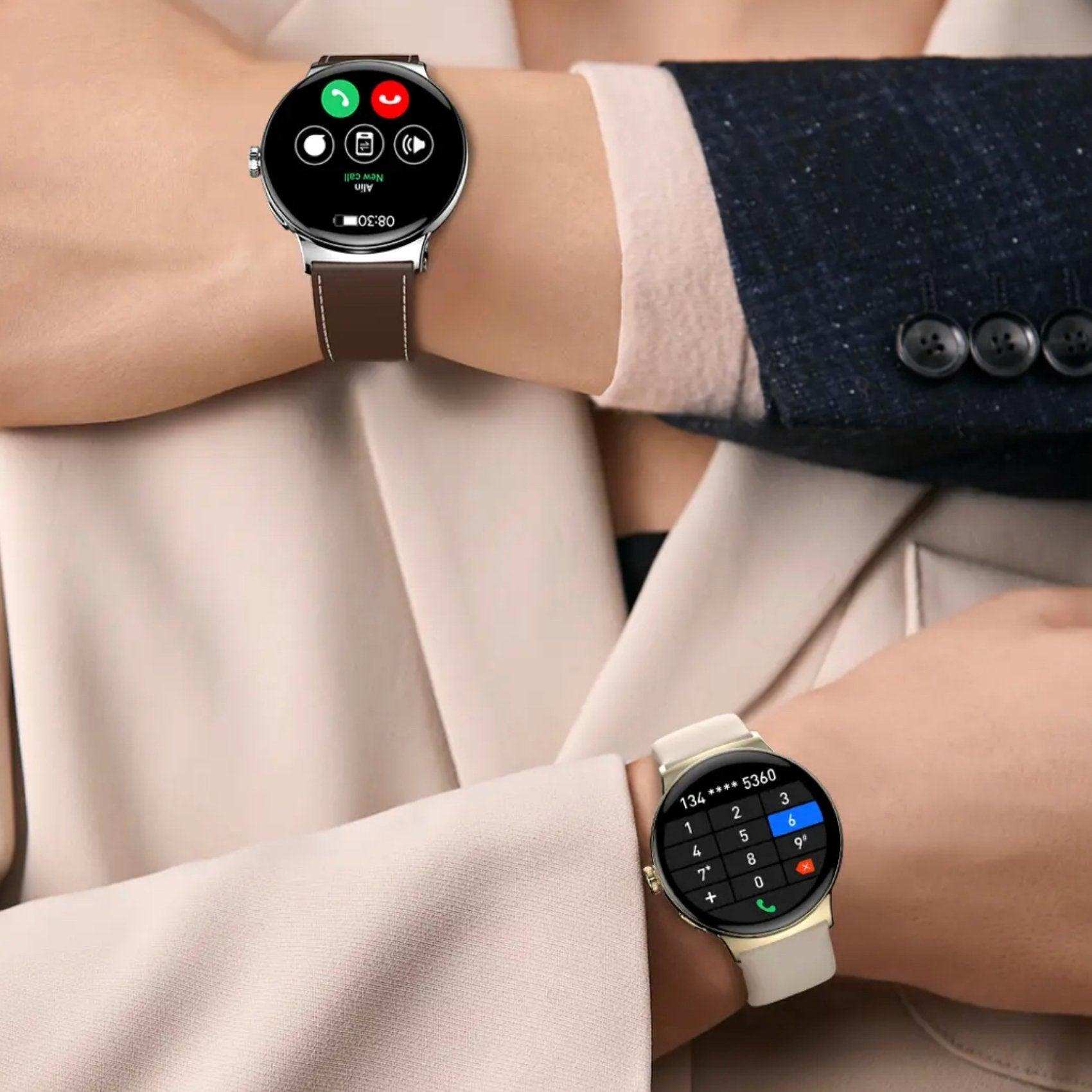 Women wearing black and white AMOLED smart watches with call and calculator screens, TUTT