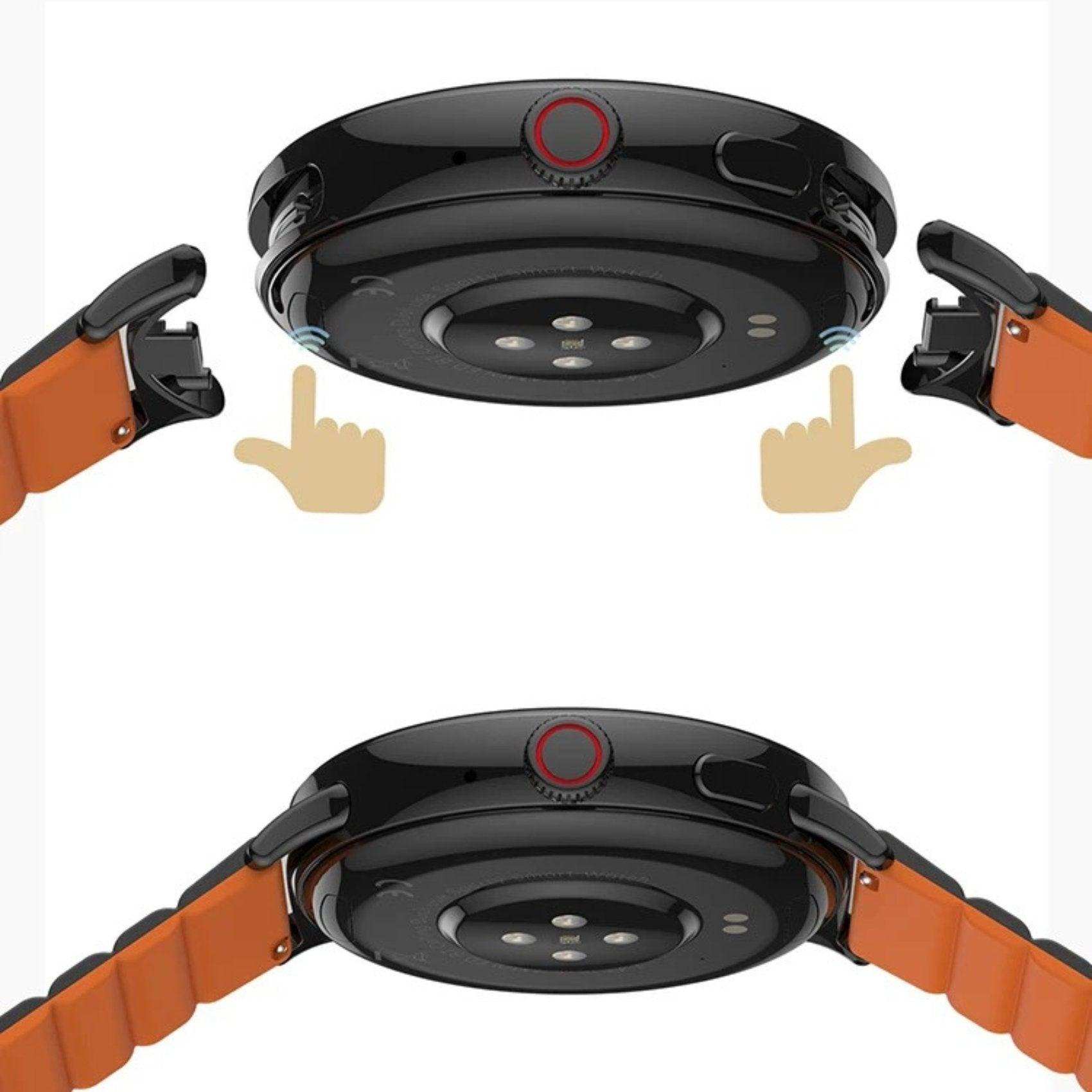 Black AMOLED women’s smart watch with orange quick-detach straps shown from below, TUTT