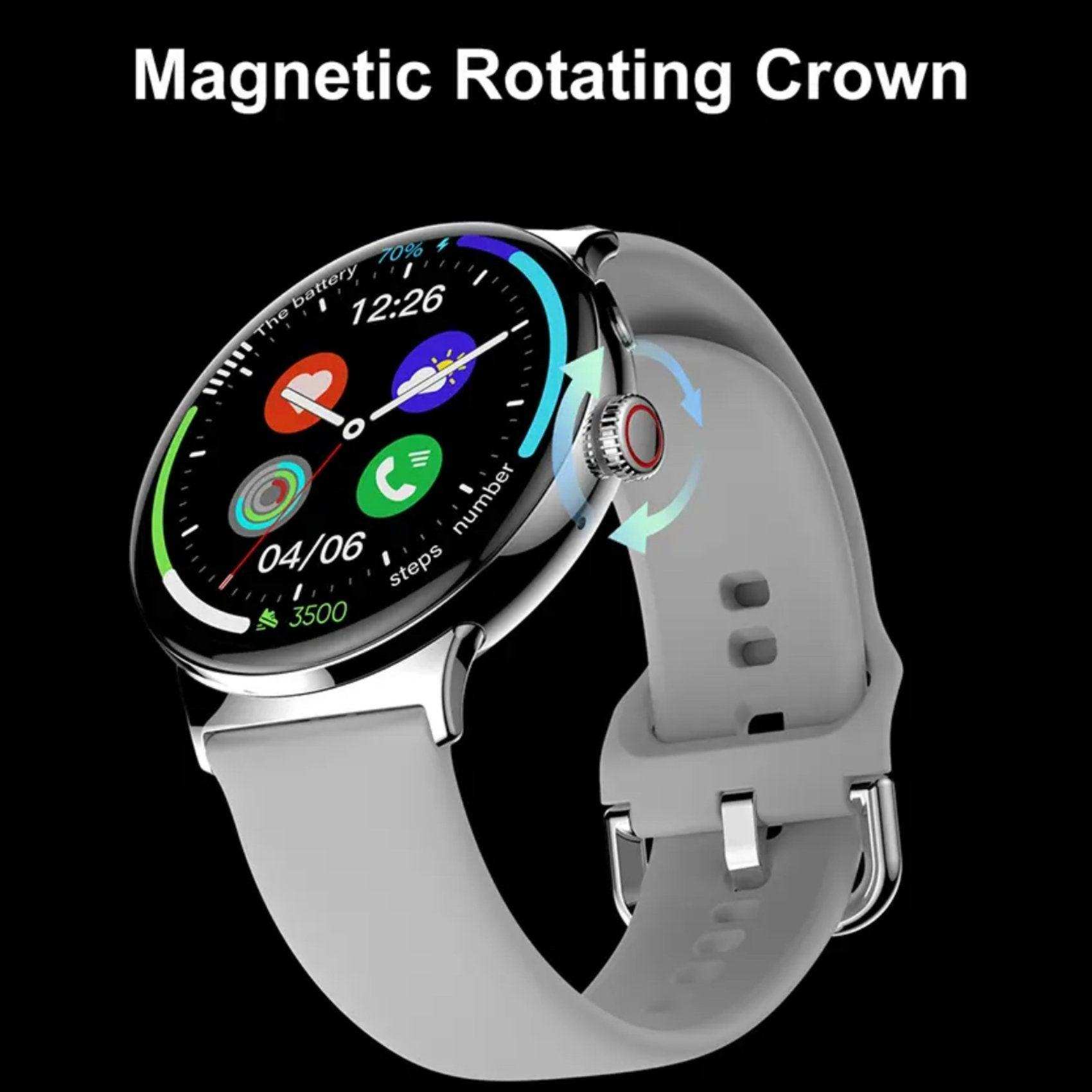 TUTT LA9 AMOLED women's smart watch with round display, white strap, magnetic rotating crown, fitness and call icons on screen. TUTT