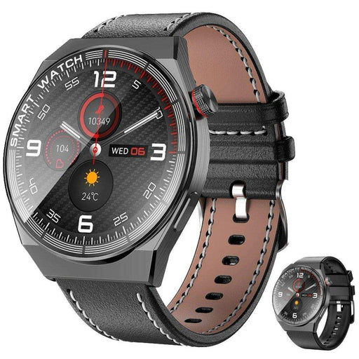 TUTT LX3 classic men's smartwatch with black leather strap, round display, red accents, and activity tracking features. TUTT
