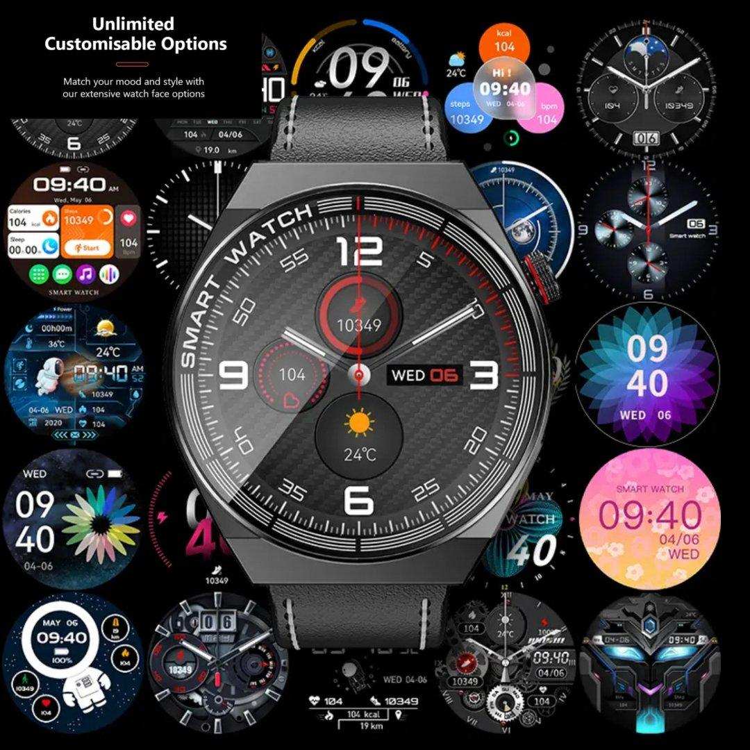 TUTT LX3 classic smart watch for men with black leather strap, multiple watch faces displayed. TUTT