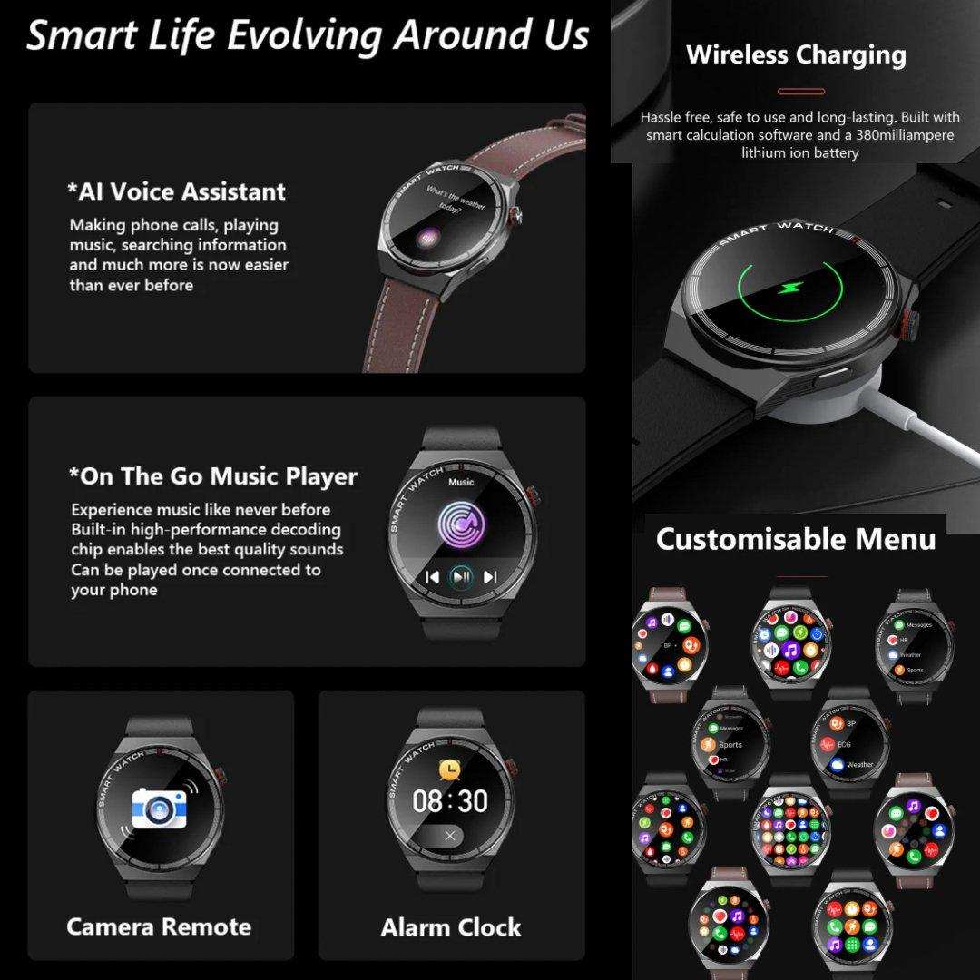 TUTT LX3 classic smart watch for men with titanium alloy case, NFC, heart rate, blood oxygen monitoring, wireless charging, activity tracking, sport modes, customizable app menus, and black or brown bands. TUTT
