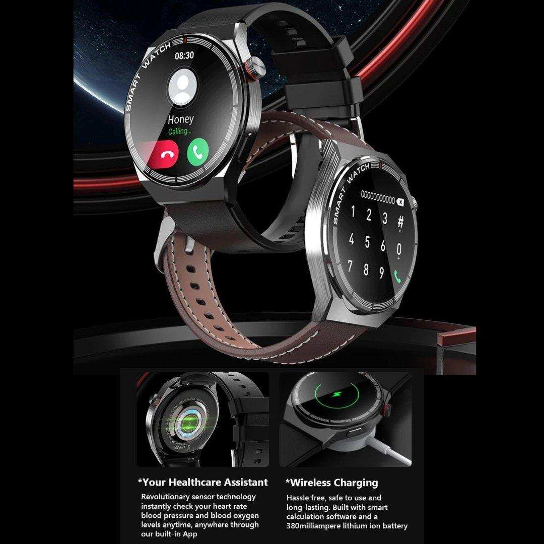 TUTT LX3 classic smart watch for men with titanium alloy case, calling screen, numeric keypad, leather and rubber bands, and health tracking features, on black background. TUTT