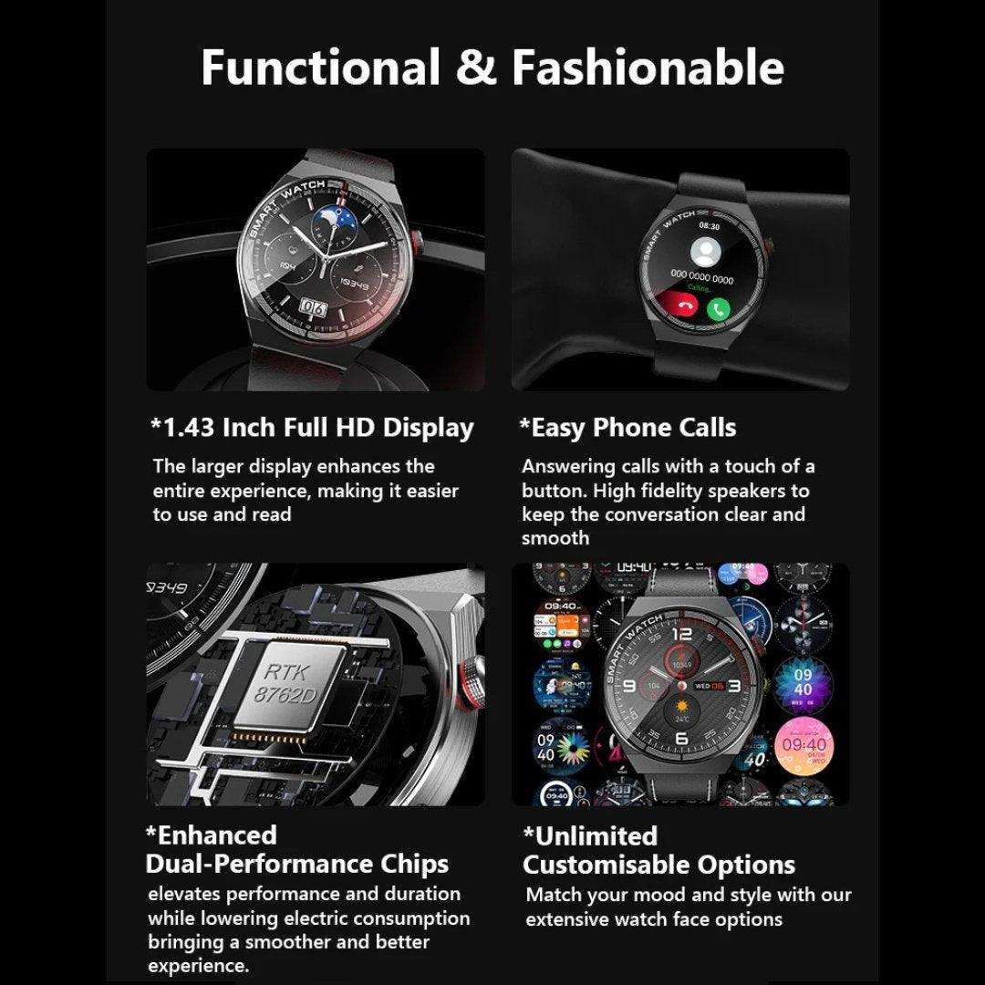 TUTT LX3 classic smart watch for men with 1.43 inch HD display, phone call, chip closeup, and customizable faces, shown on black background. TUTT