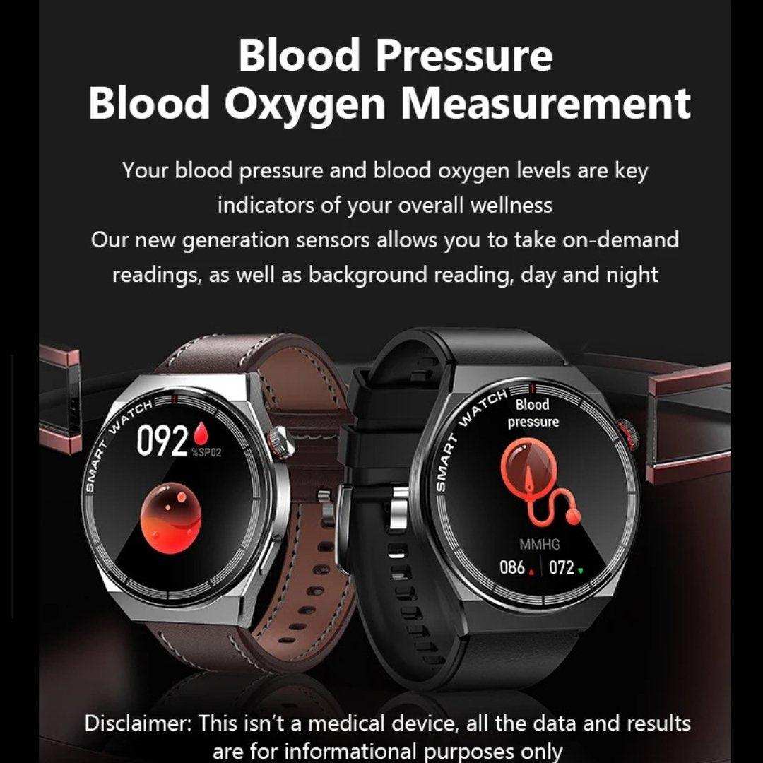 TUTT LX3 classic smart watch for men with titanium alloy, heart rate and blood oxygen sensors, rubber and leather bands, featured in black and brown color variants, digital displays showing health tracking functions. TUTT