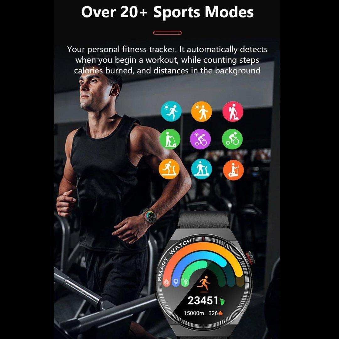 Man running on treadmill in gym, wearing smart fitness watch with sports mode icons, TUTT