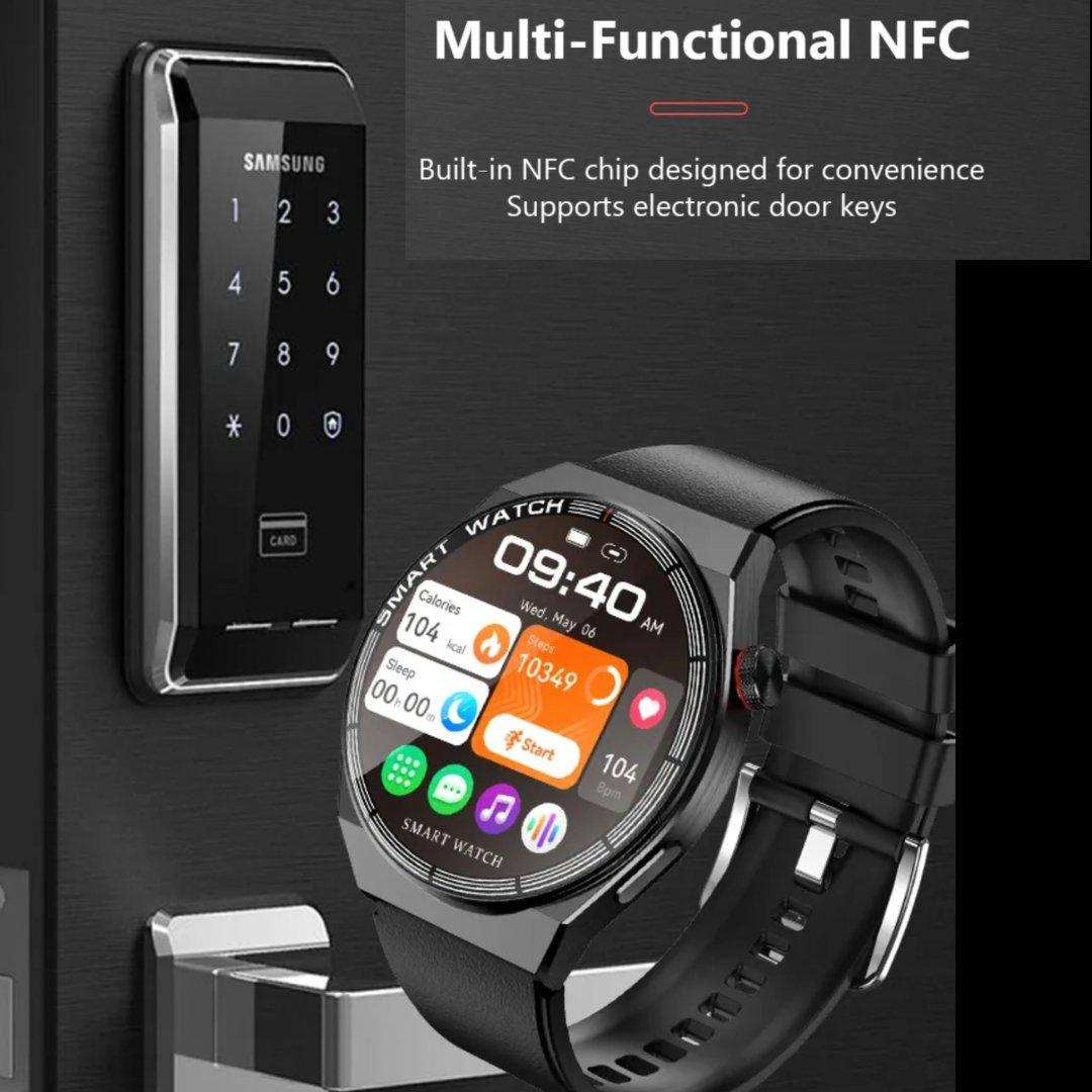 TUTT LX3 classic smart watch for men with round display, black rubber band, NFC, shown near a Samsung electronic door lock. TUTT