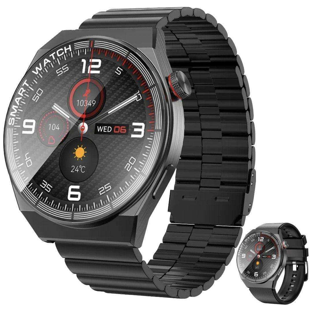 Men's classic smart watch with titanium alloy case, black metal strap, round display showing heart rate, weather, and step count, modern design TUTT