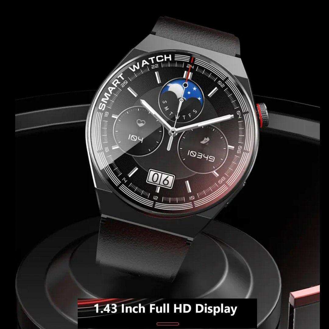 Black classic smart watch with leather band, analog-digital display, and 1.43 inch Full HD screen, TUTT