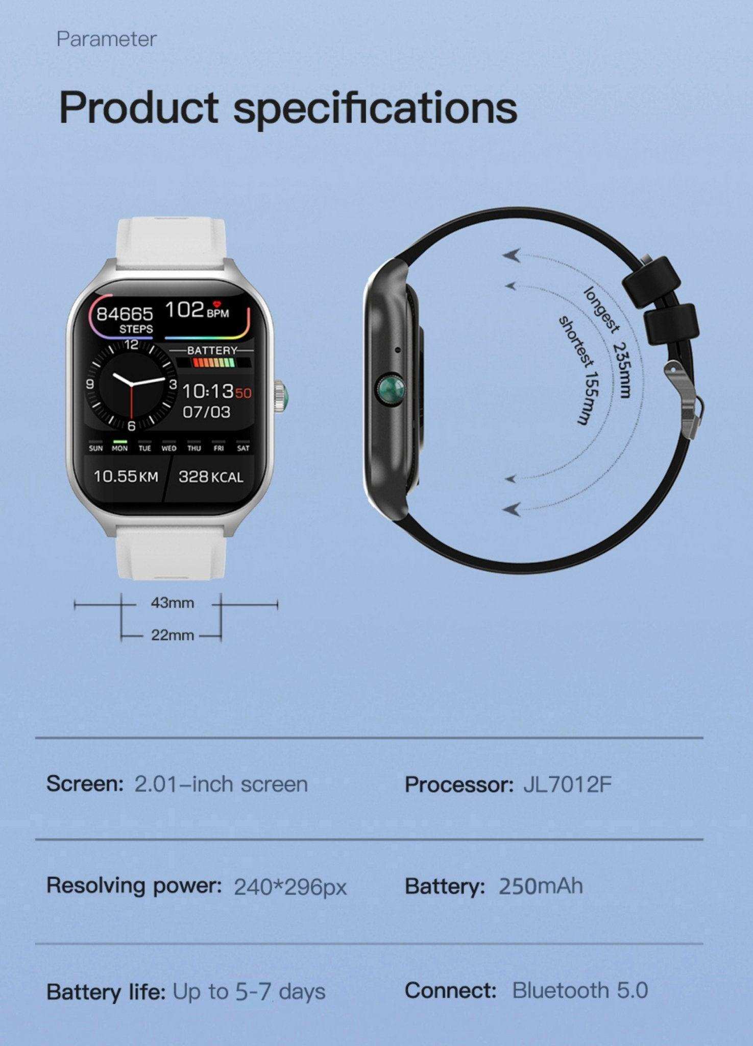 TUTT LX7 smart watch for men and women with 2.01-inch screen, heart rate and step monitor, white strap, product specifications display. TUTT