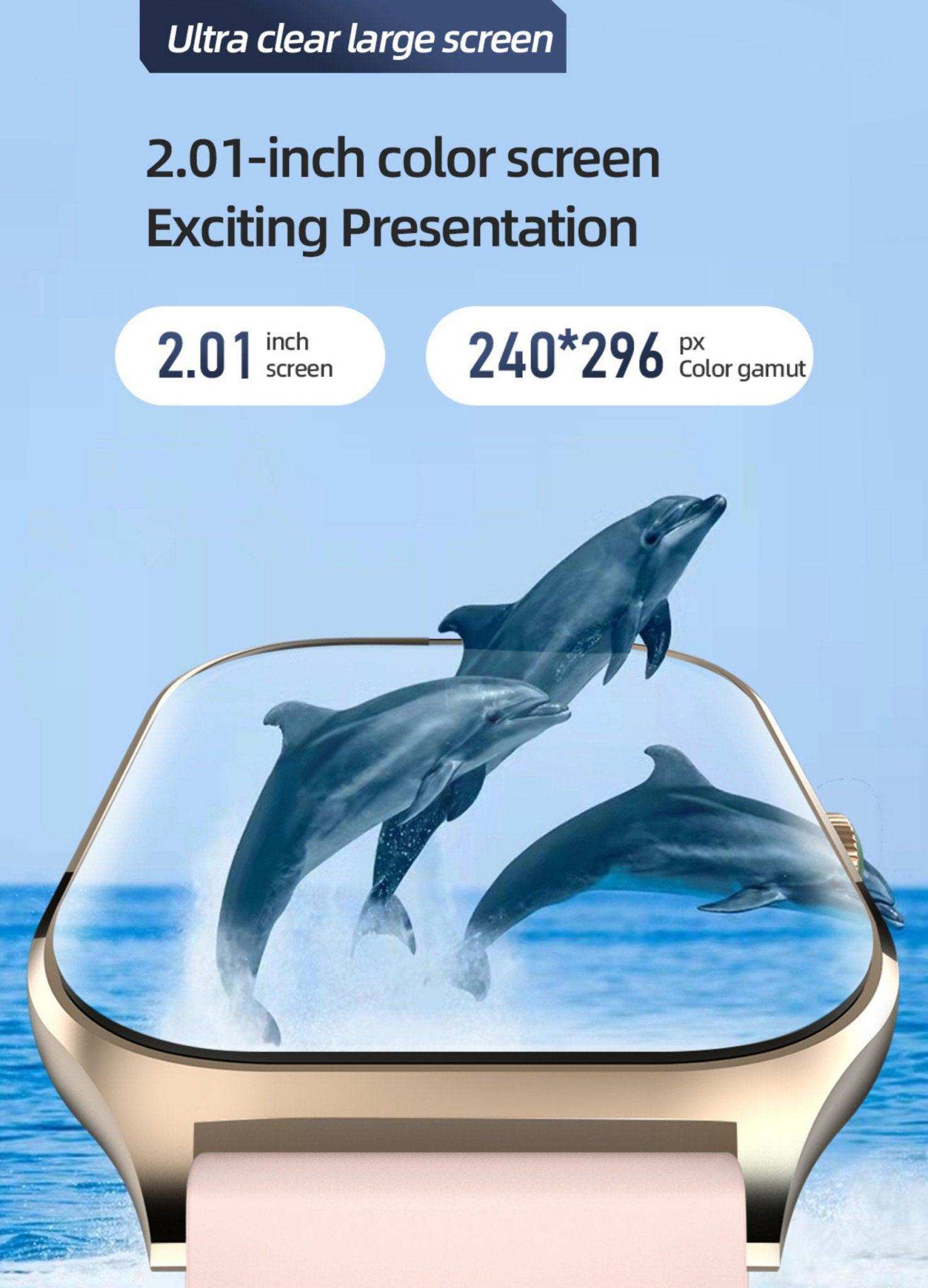 TUTT LX7 smart watch with gold case, 2.01-inch color screen showing dolphins jumping, marketing specs visible TUTT