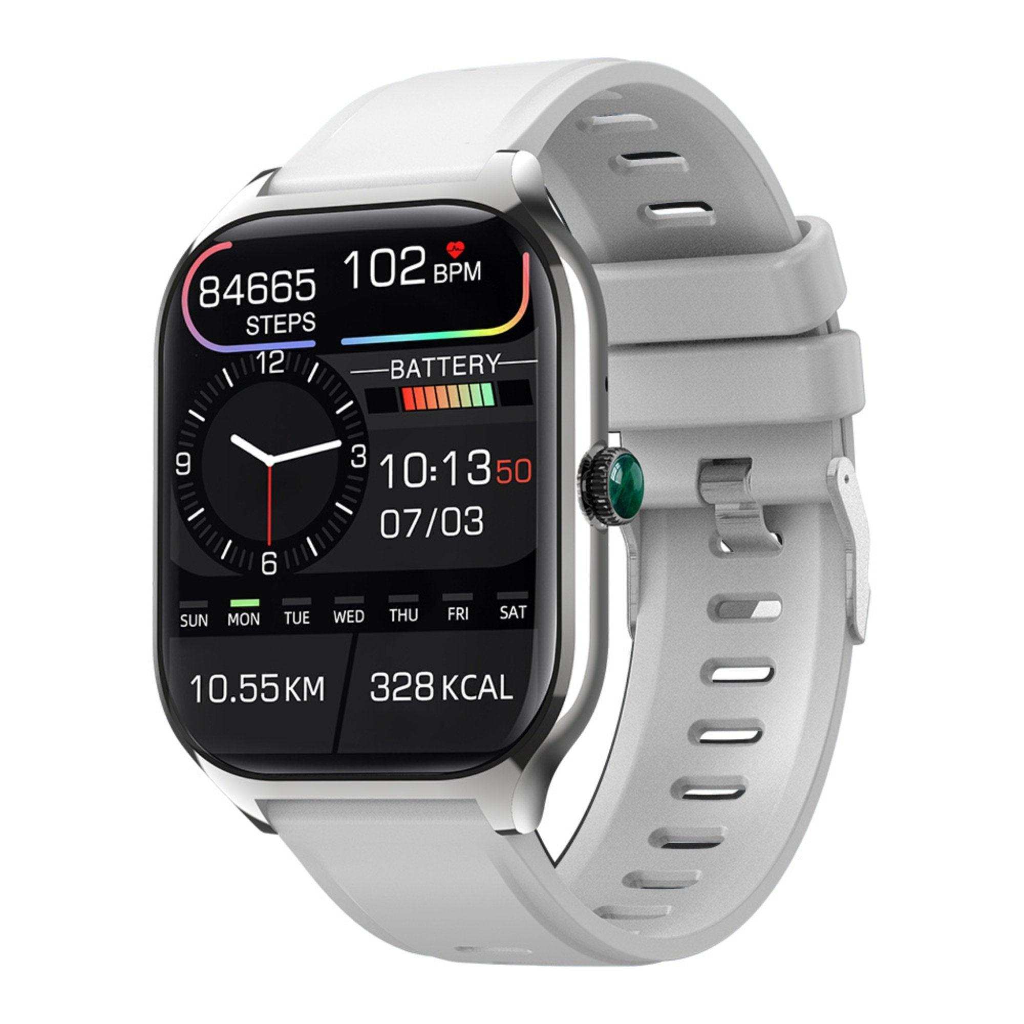 Silver smart watch with rectangular display, white band, fitness stats and clock screen. TUTT