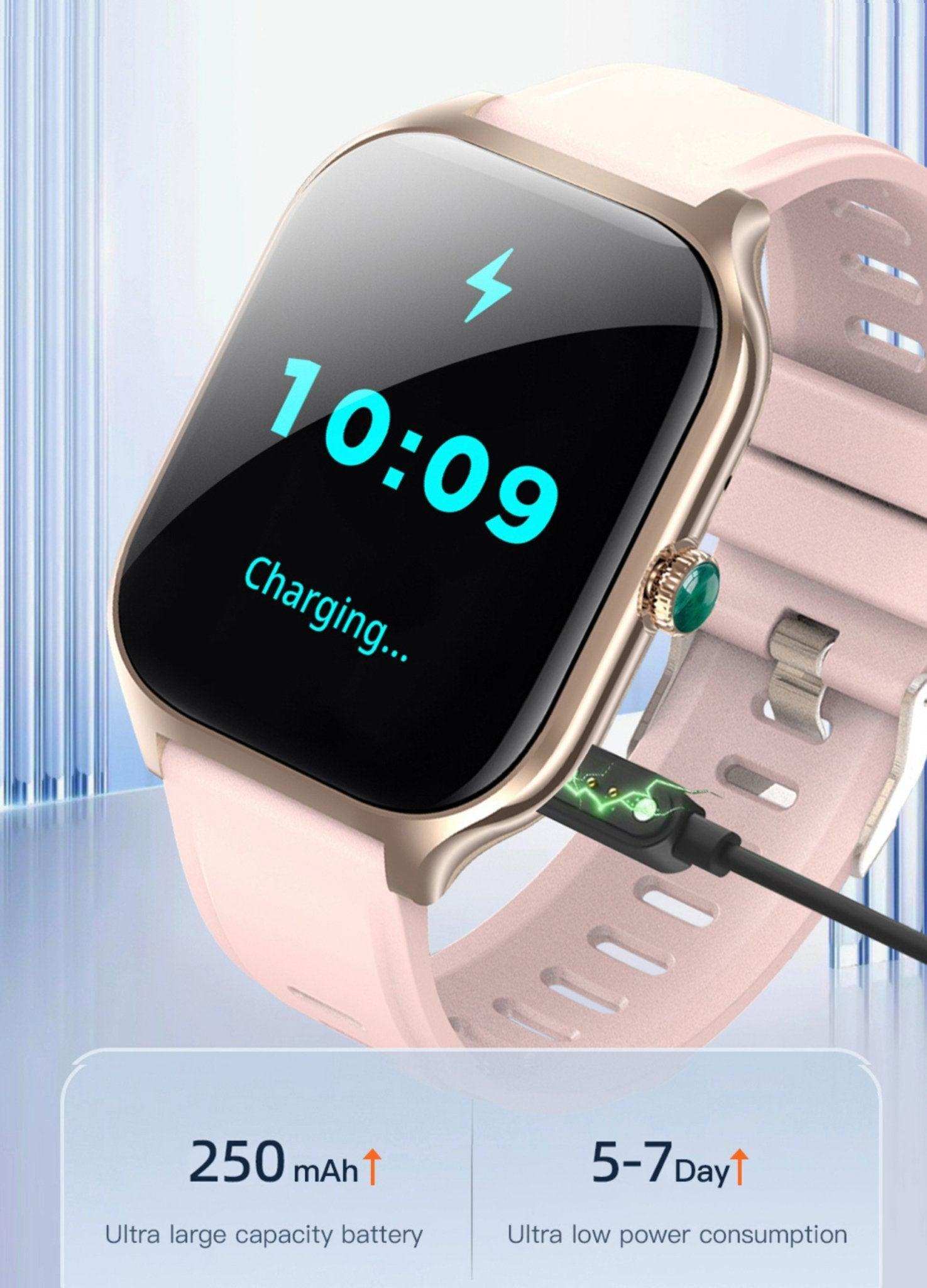 TUTT LX7 smart watch with pink band charging, digital display at 10:09, 250mAh battery TUTT