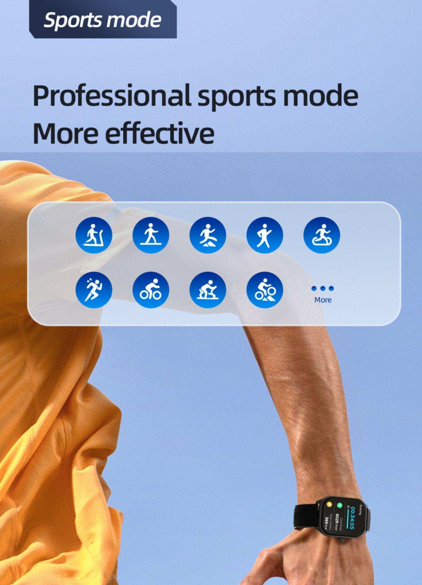 TUTT LX7 smart watch with black strap on wrist, sports mode icons and text, outdoor setting TUTT