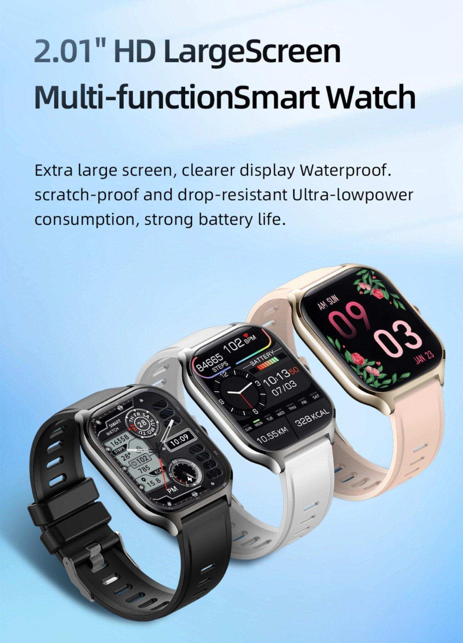 Three TUTT LX7 smart watches with HD large screens and different bands on blue background TUTT
