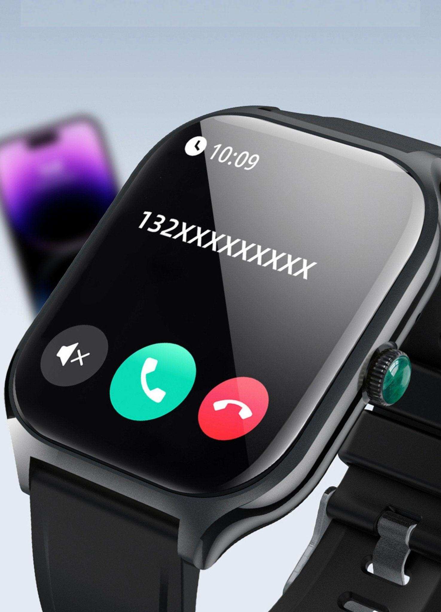 Black smart watch with Bluetooth calling screen, call icons, and silicone strap, TUTT