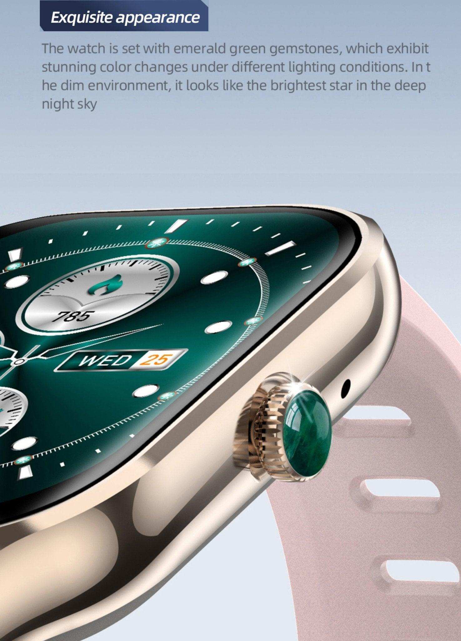 TUTT LX7 smart watch with emerald green gemstone crown, large round display, and beige strap TUTT