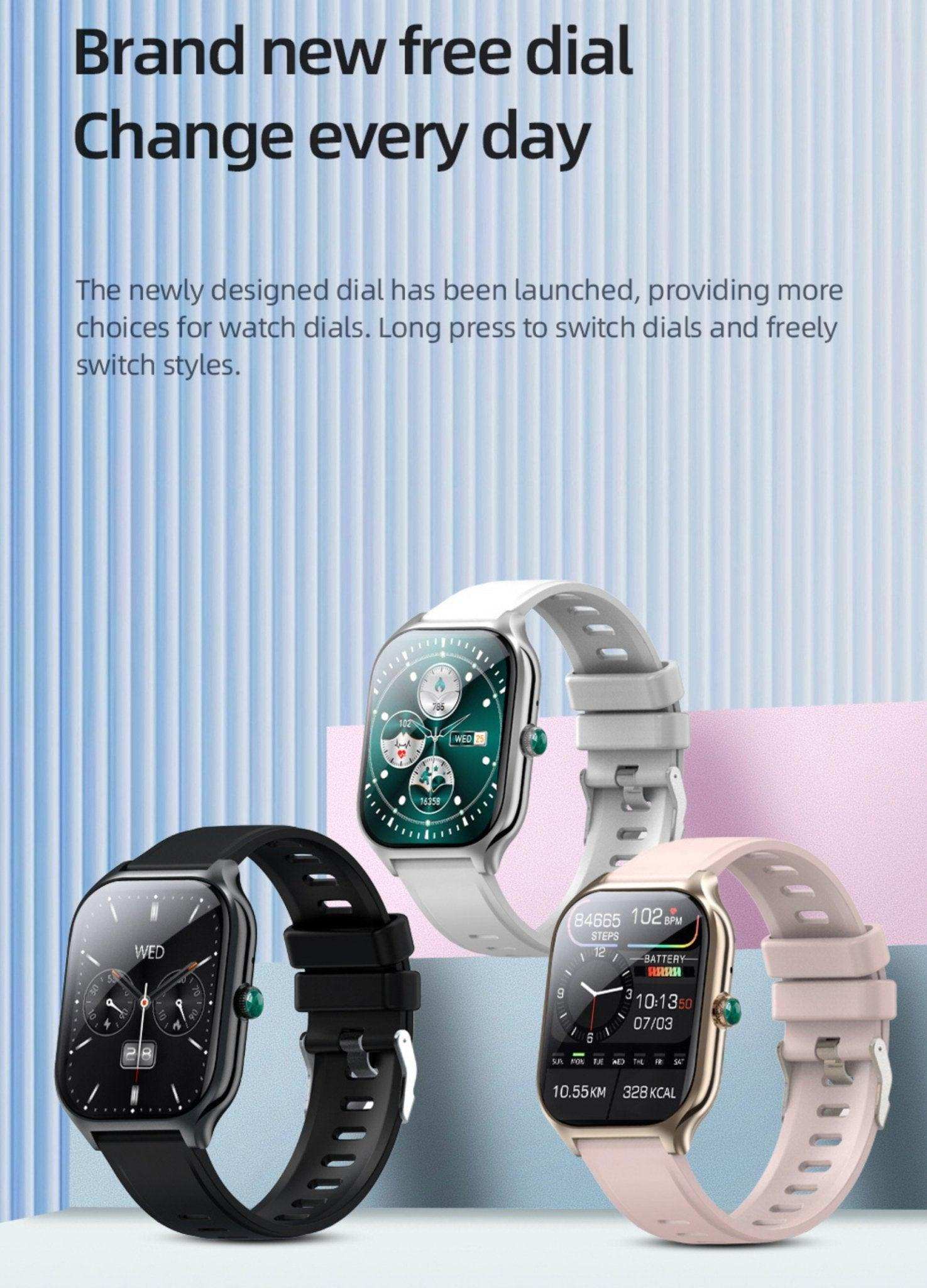 Three TUTT LX7 smart watches for men and women with various dials and color bands, TUTT