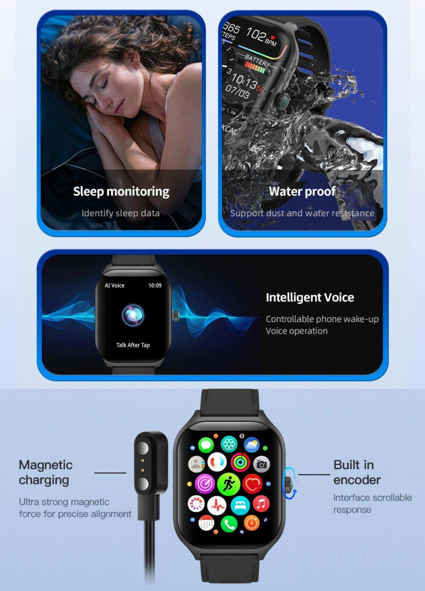 TUTT LX7 smart watch with sleep monitoring, waterproof design, AI voice, magnetic charging, and app icons, TUTT