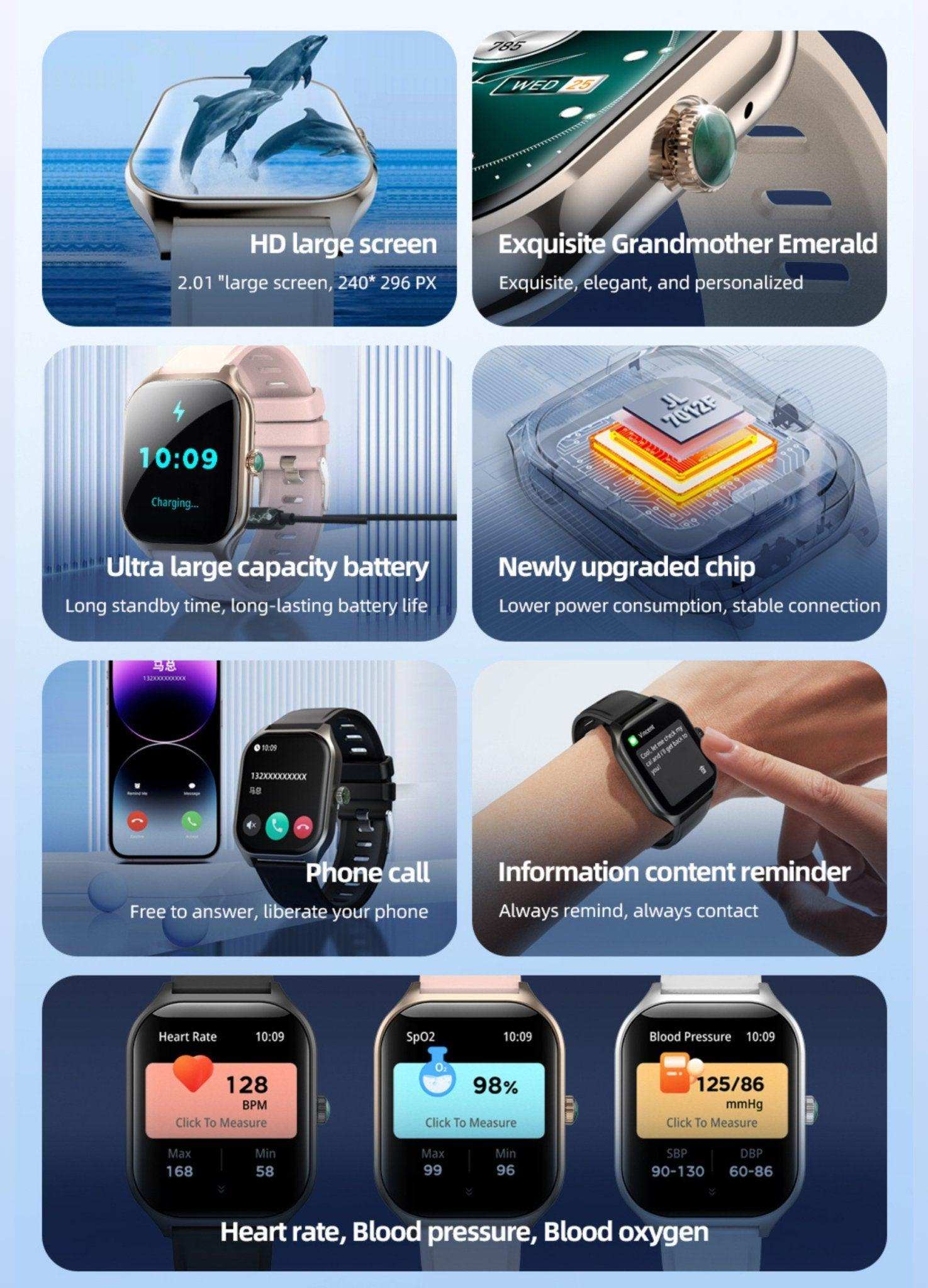 TUTT LX7 smart watch for men and women with 2.01-inch HD screen, emerald crown, Bluetooth calling, health tracking, large battery, and notification display TUTT