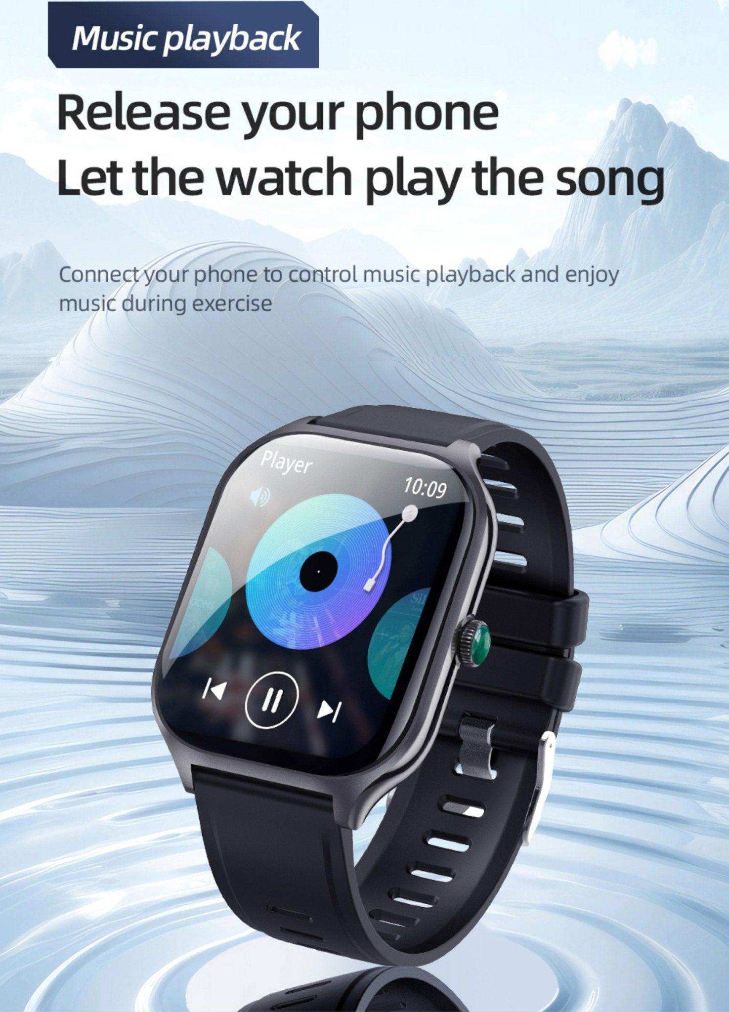 TUTT LX7 smart watch with black strap showing music playback on screen, water wave background, TUTT