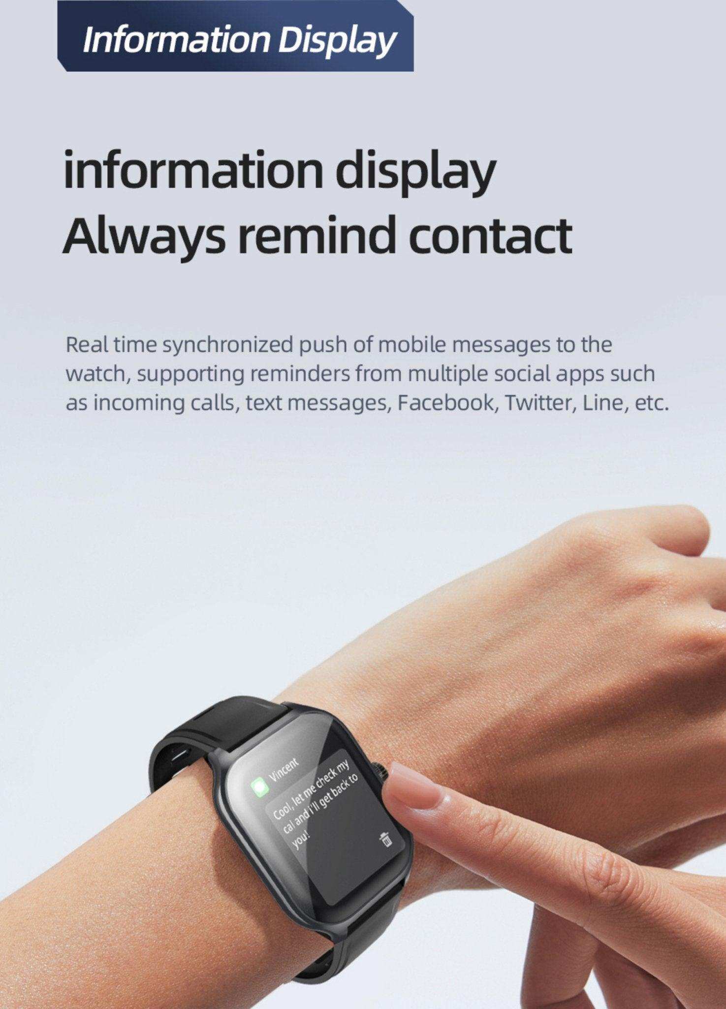 Person wearing TUTT LX7 smart watch with message notification on display, black band, close-up TUTT