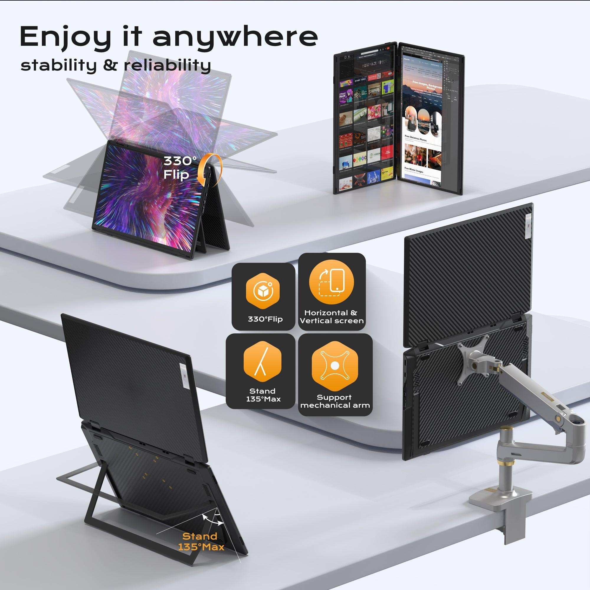 Portable dual screen monitor extender with 330° flip, vertical or horizontal display, mechanical arm support, foldable stand, shown on desks. TUTT