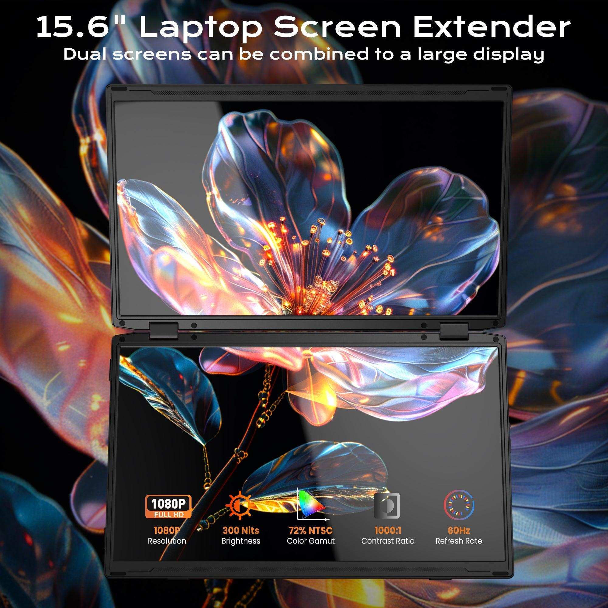 15.6-inch portable dual screen laptop extender with vivid flower display, 1080P Full HD, and spec icons, TUTT