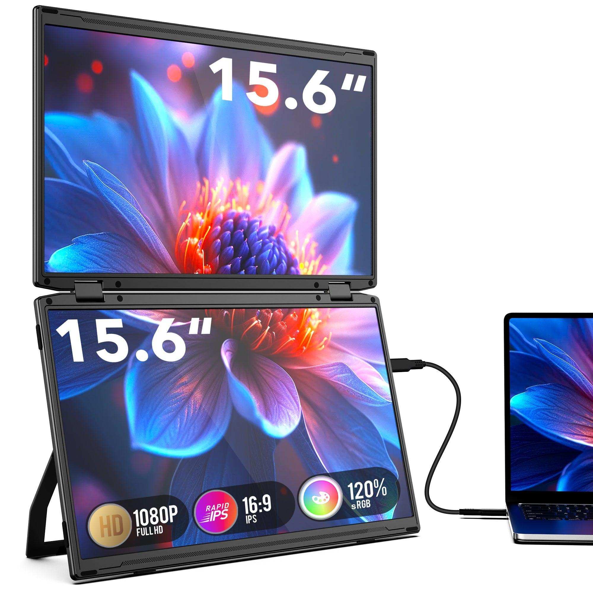 Portable dual 15.6-inch folding monitor extender, connected to a laptop, TUTT