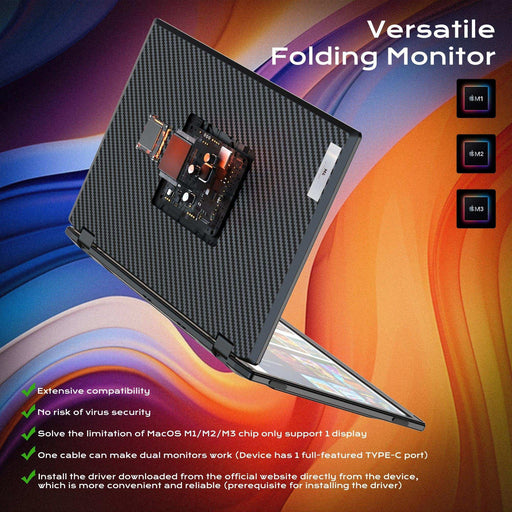 Portable dual screen monitor extender with carbon fiber finish and technical support text, TUTT