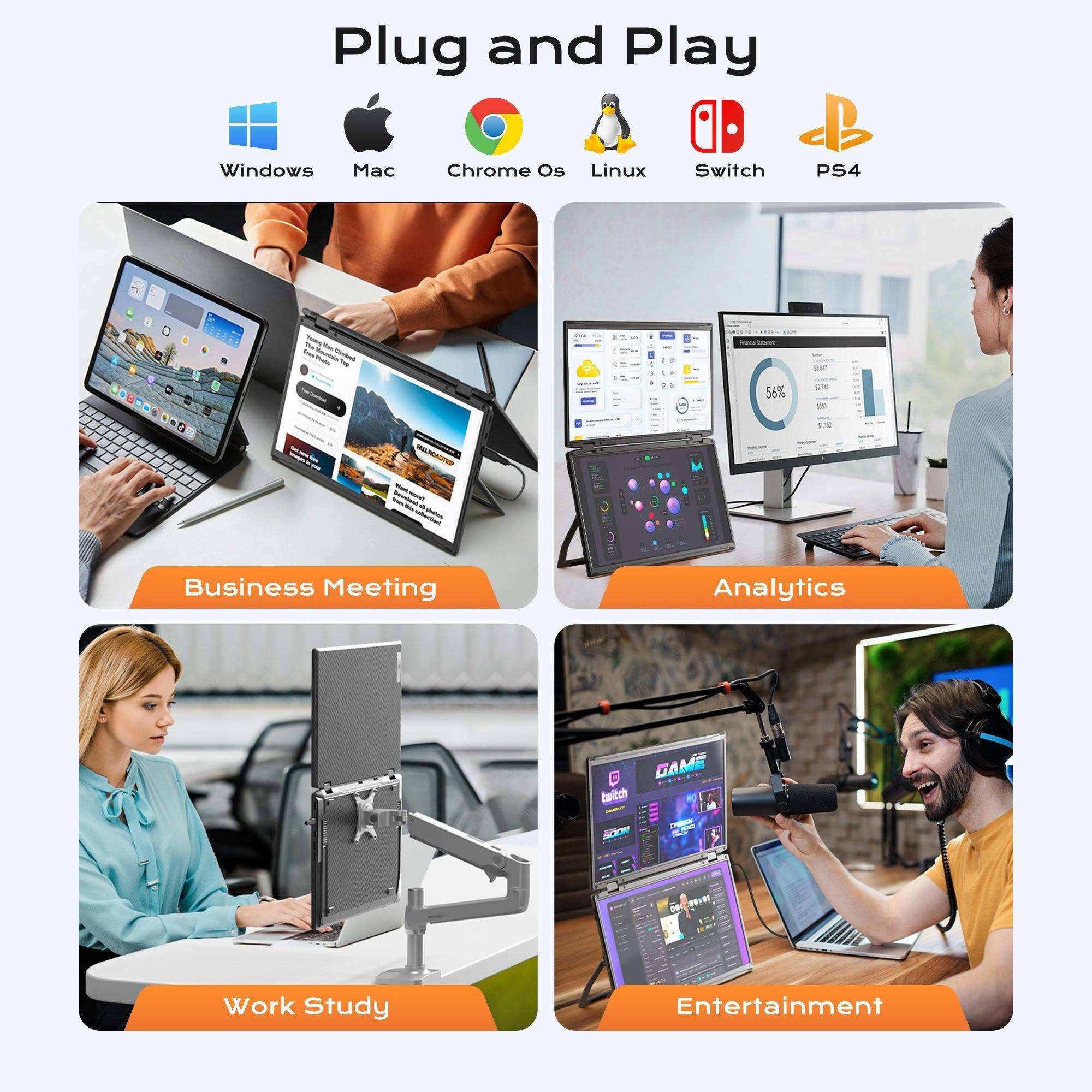 Portable dual screen monitor extender shown in business meeting, analytics, work study, and entertainment setups, compatible with Windows, Mac, Chrome OS, Linux, Switch, and PS4. TUTT