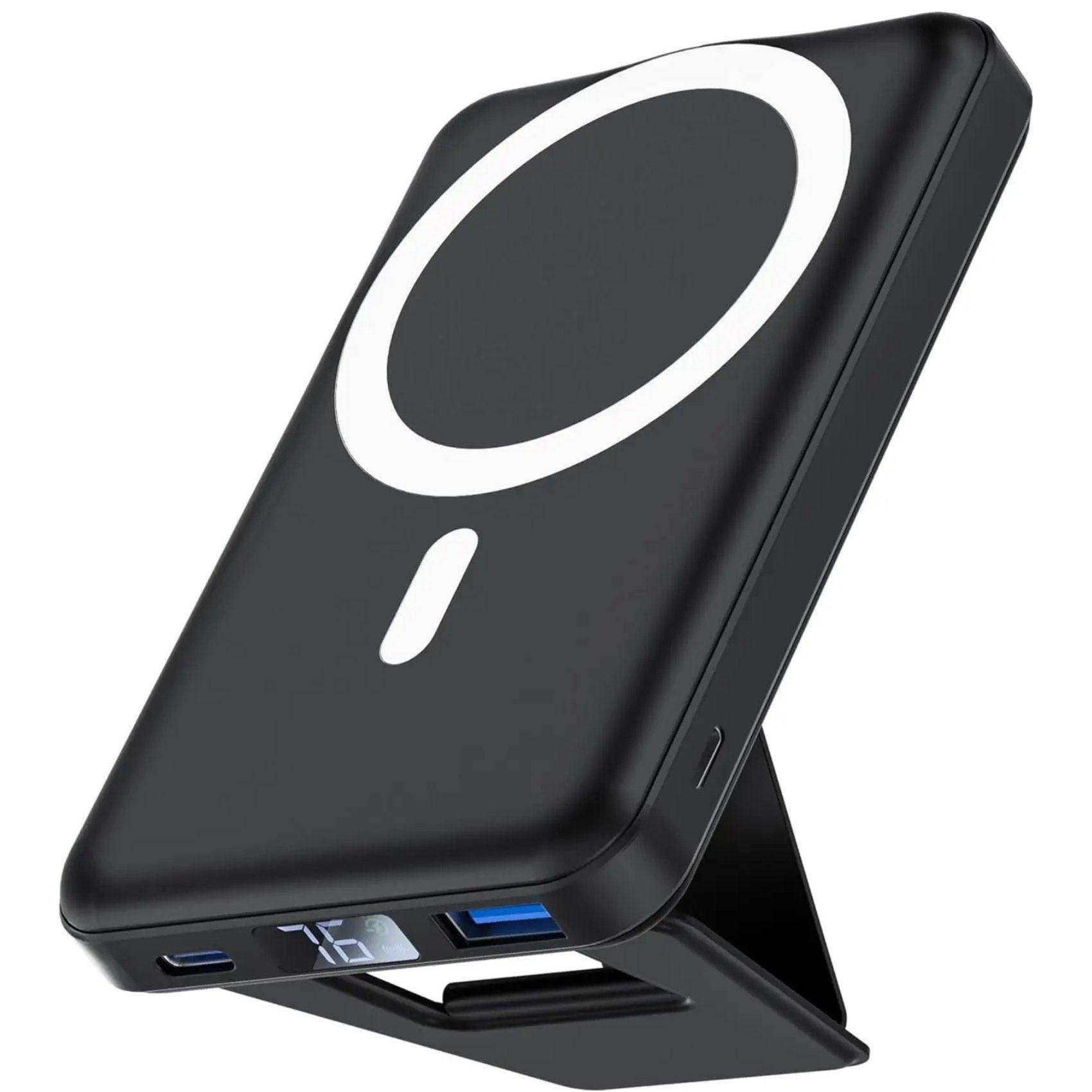 Black magnetic wireless portable power bank with LED display and foldable stand, TUTT
