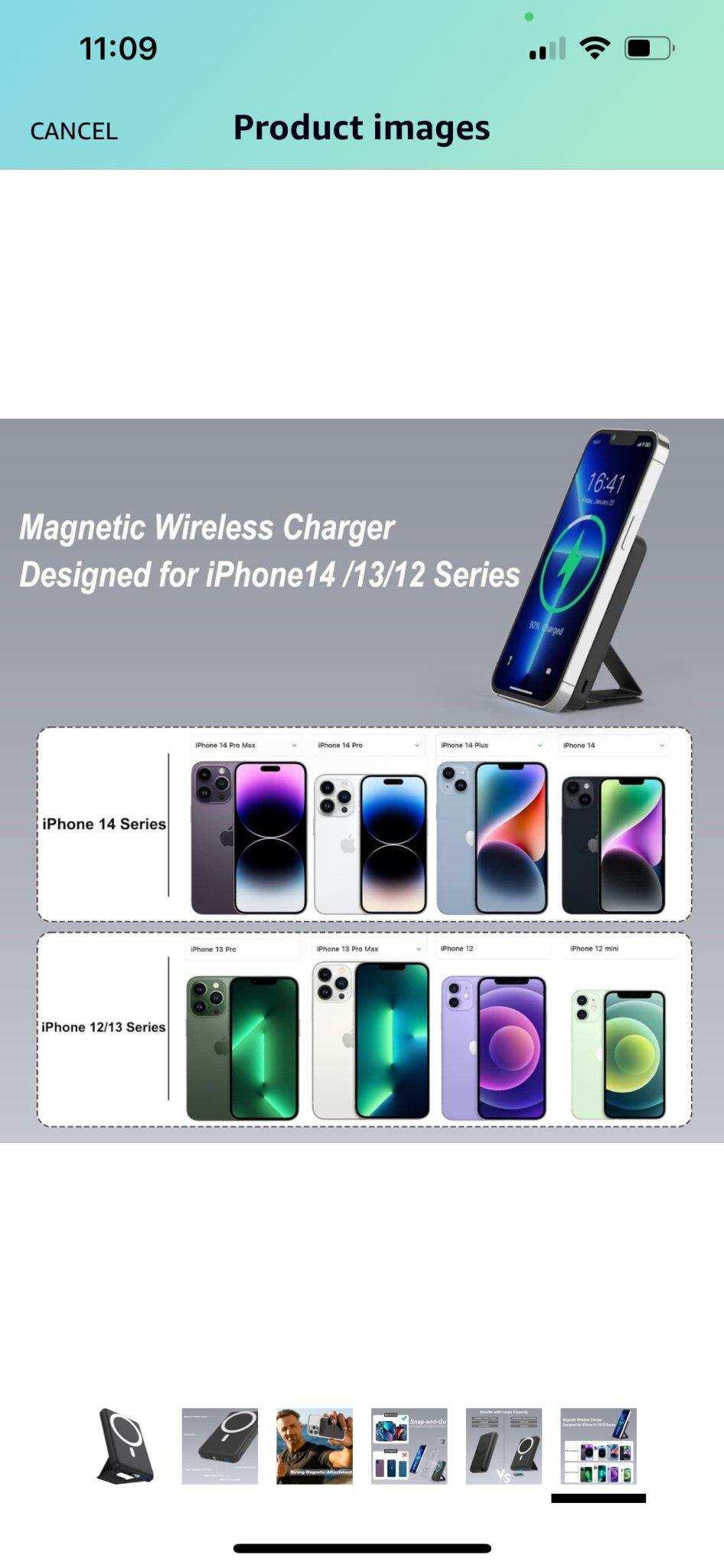 Magnetic wireless charger stand compatible with iPhone 14, 13, and 12 series, product display TUTT
