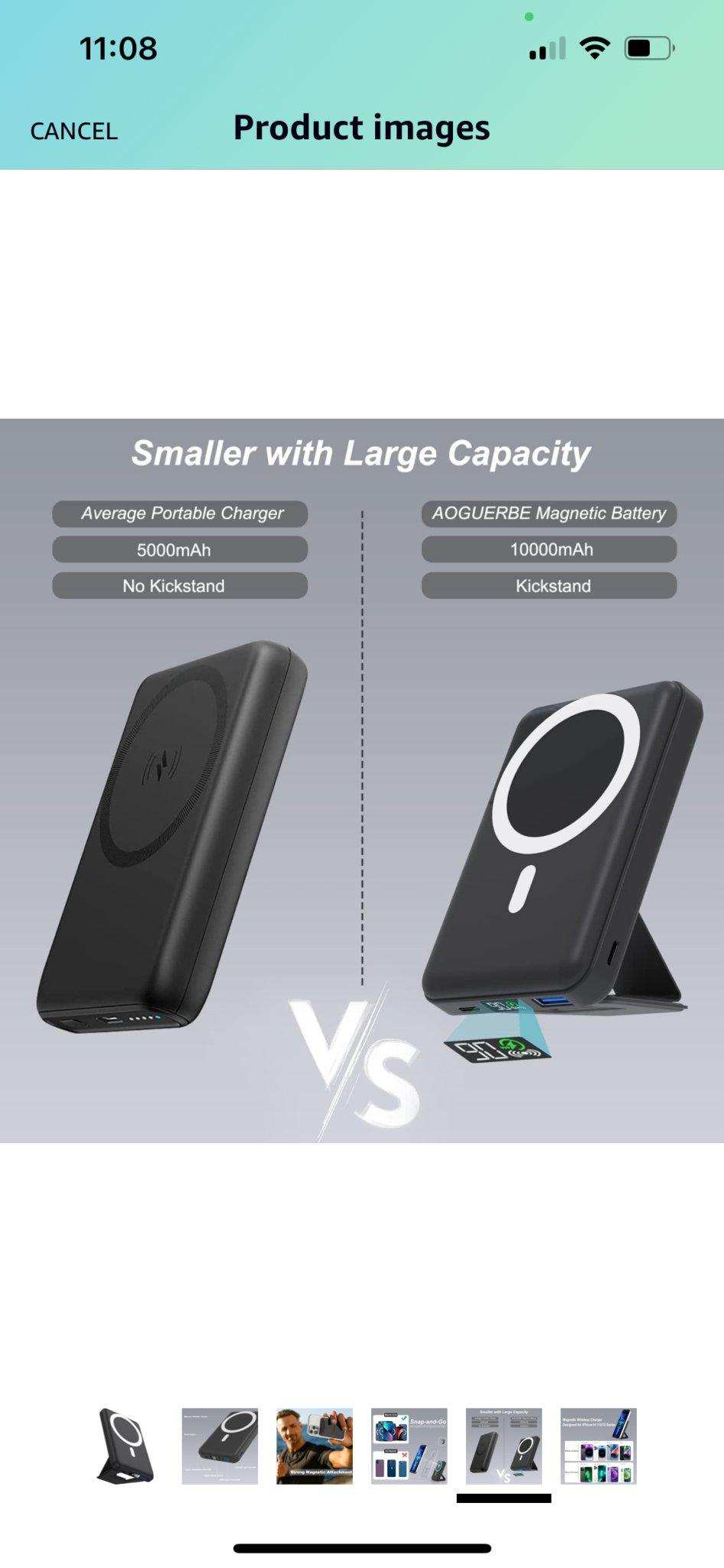 AOGUERBE magnetic battery 10000mAh vs average 5000mAh charger, both black, with stats and kickstand. TUTT