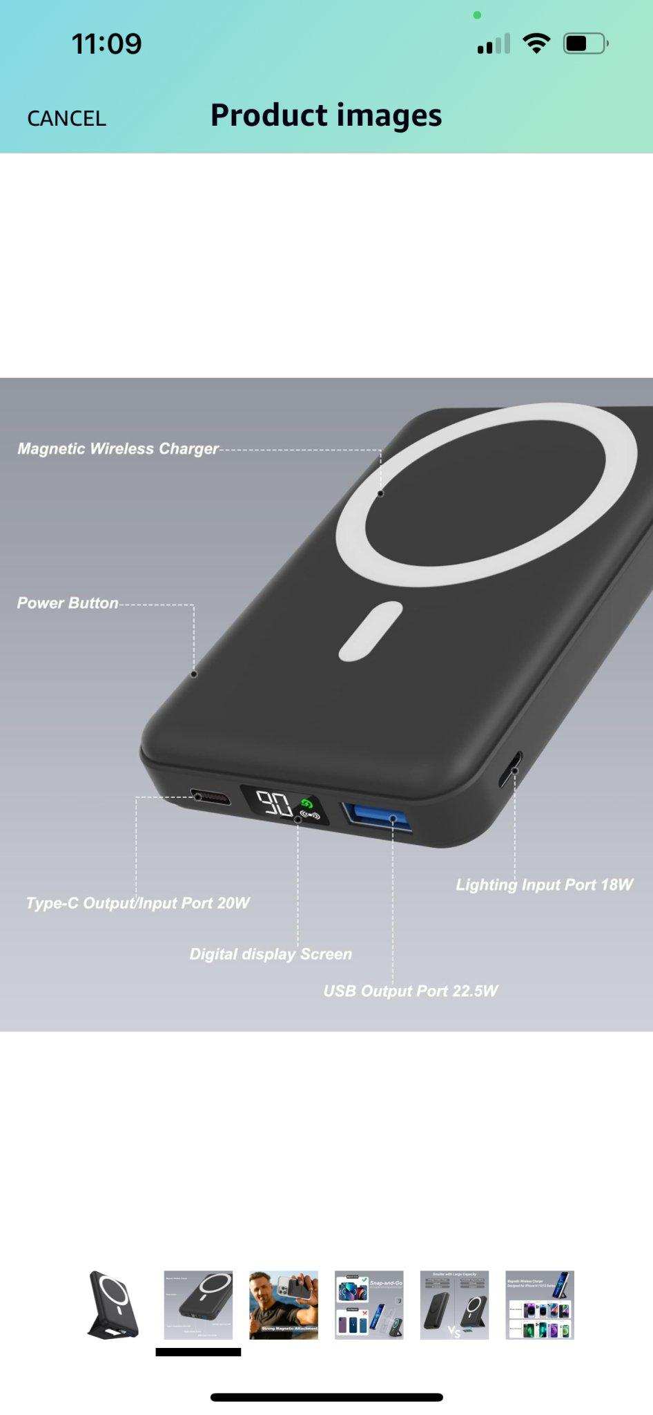 TUTT 10000mAh magnetic wireless portable power bank with digital display, USB, Type-C, and Lightning ports, MagSafe battery pack.