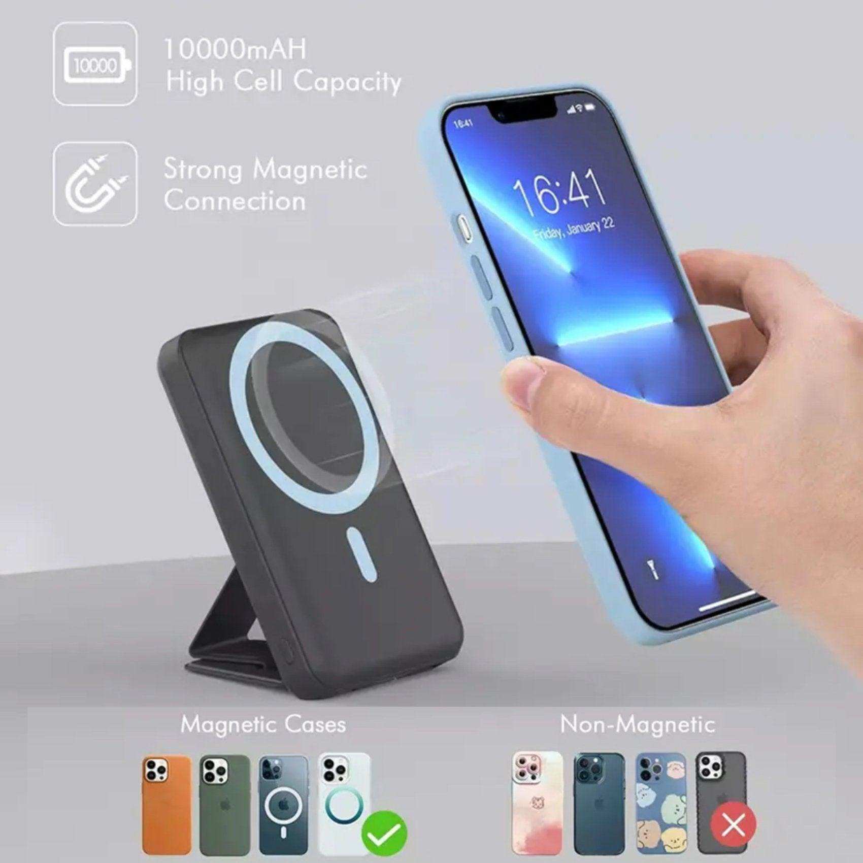 Magnetic wireless portable power bank for iPhone, 10000mAh, MagSafe, with strong magnetic connection and LED display, shown charging an iPhone with various cases below. TUTT
